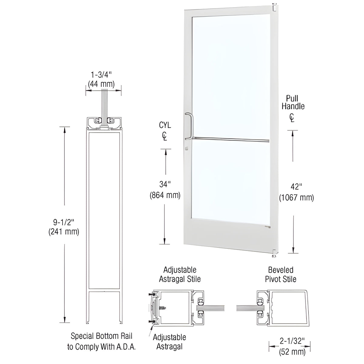 CRL-U.S. Aluminum White KYNAR® Paint 250 Series Narrow Stile Active Leaf of Pair 3'0 x 7'0 Offset Hung with Pivots for Surf Mount Closer Complete Door Std. Lock and 9-1/2" Bottom Rail