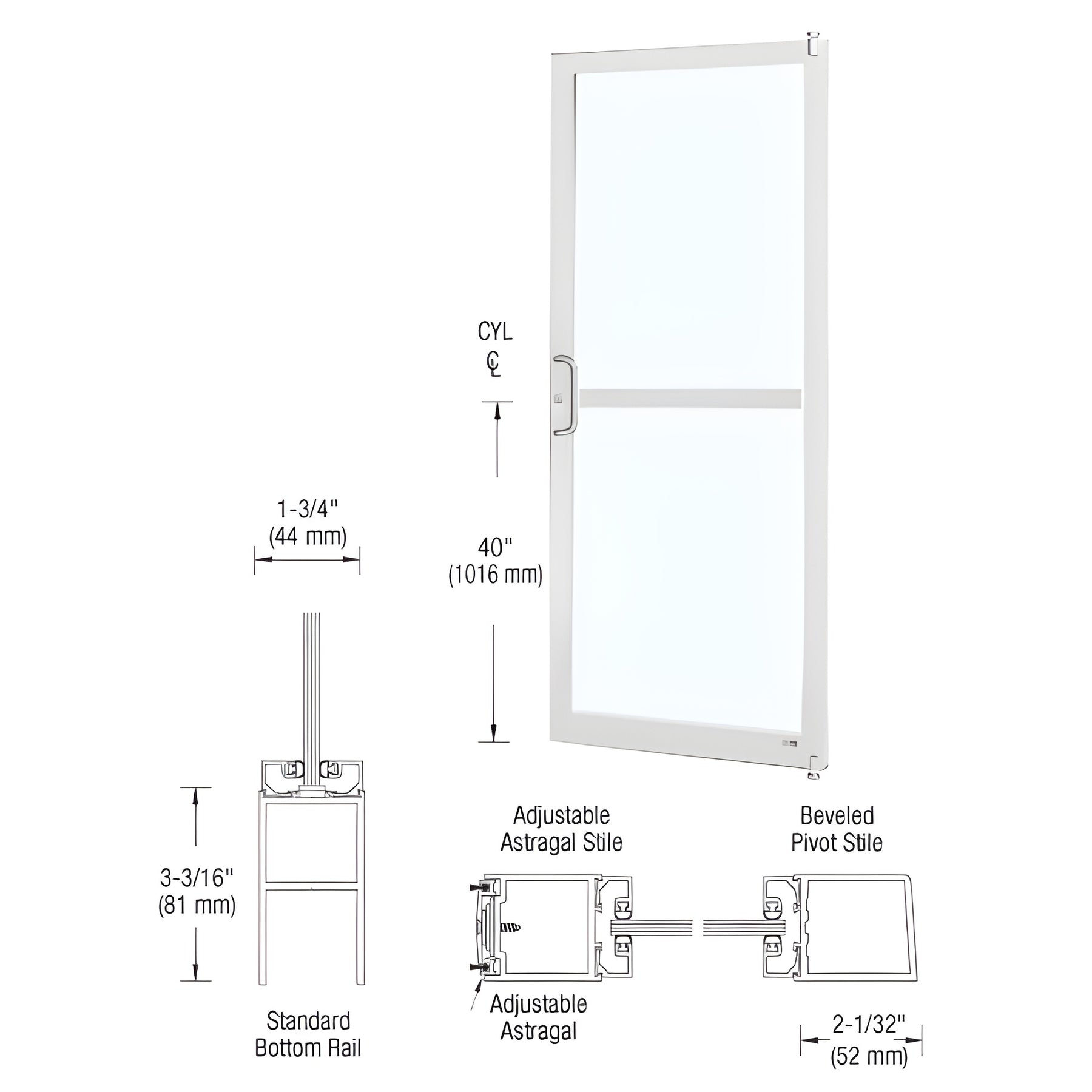 CRL-U.S. Aluminum White KYNAR® Paint 250 Series Narrow Stile Active Leaf of Pair 3'0 x 7'0 Offset Hung with Pivots for Surf Mount Closer Complete Panic Door with Std. Panic and Bottom Rail