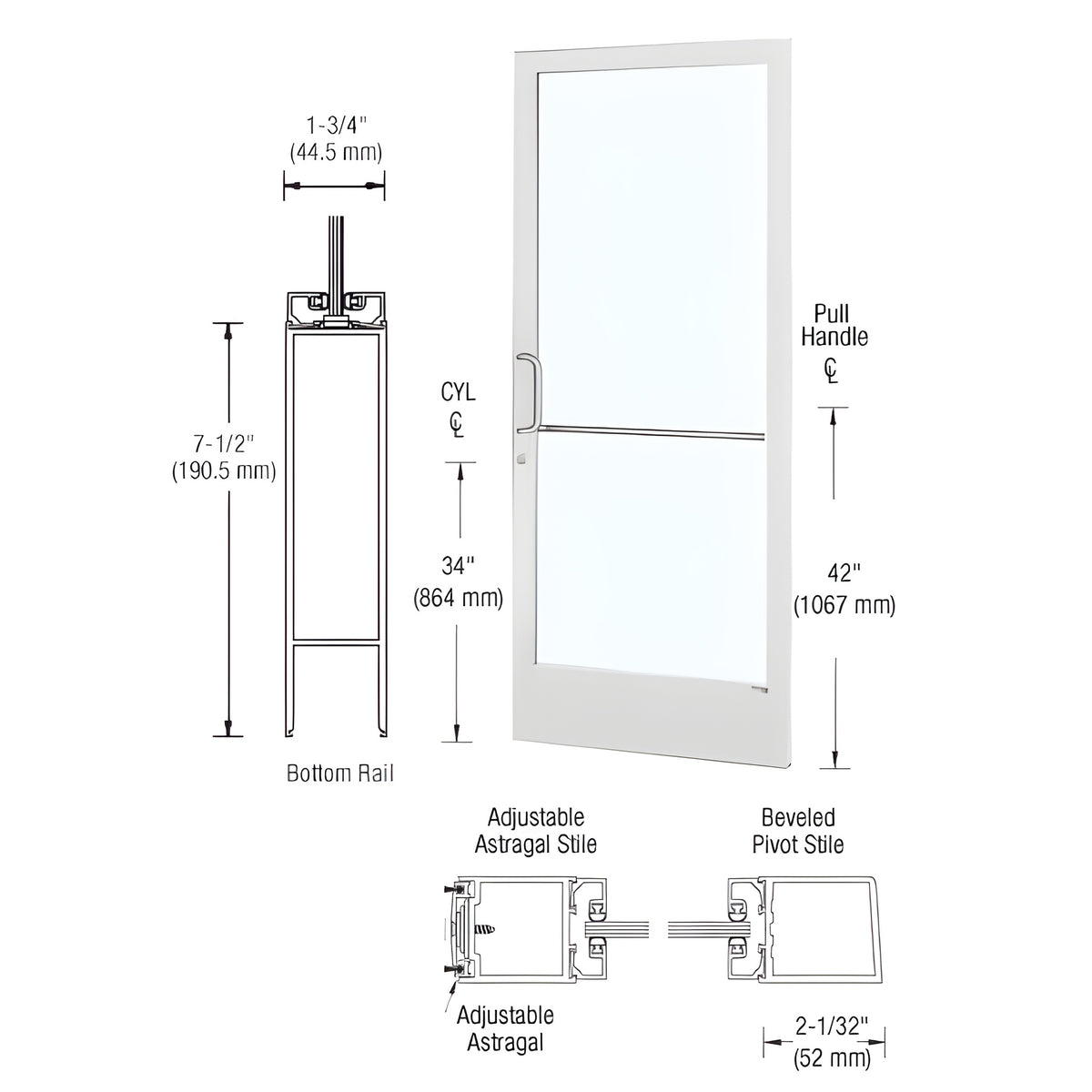 CRL-U.S. Aluminum White KYNAR® Paint 250 Series Narrow Stile Active Leaf of Pair 3'0 x 7'0 Offset Hung with Pivots for Surf Mount Closer Complete Door / Std. MS Lock, 7-1/2" Standard Bottom Rail -