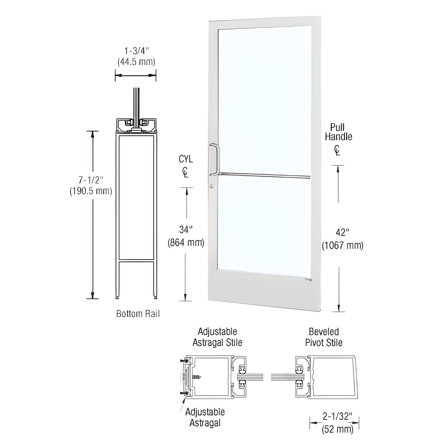 CRL-U.S. Aluminum White KYNAR® Paint 250 Series Narrow Stile Active Leaf of Pair 3'0 x 7'0 Offset Hung with Pivots for Surf Mount Closer Complete Door / Std. MS Lock, 7-1/2" Standard Bottom Rail -