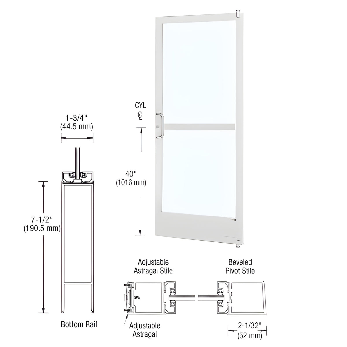 CRL-U.S. Aluminum White KYNAR® Paint 250 Series Narrow Stile Active Leaf of Pair 3'0 x 7'0 Offset Hung with Pivots for Surf Mount Closer Complete Panic Door with Std. Panic and 7-1/2" Bottom Rail