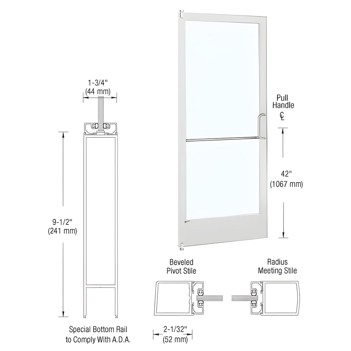 CRL-U.S. Aluminum White KYNAR® Paint 250 Series Narrow Stile Inactive Leaf of Pair 3'0 x 7'0 Offset Hung with Pivots for Surface Mount Closer Complete ADA Door with Lock Indicator, Cylinder Guard - for 1/4" Glazing