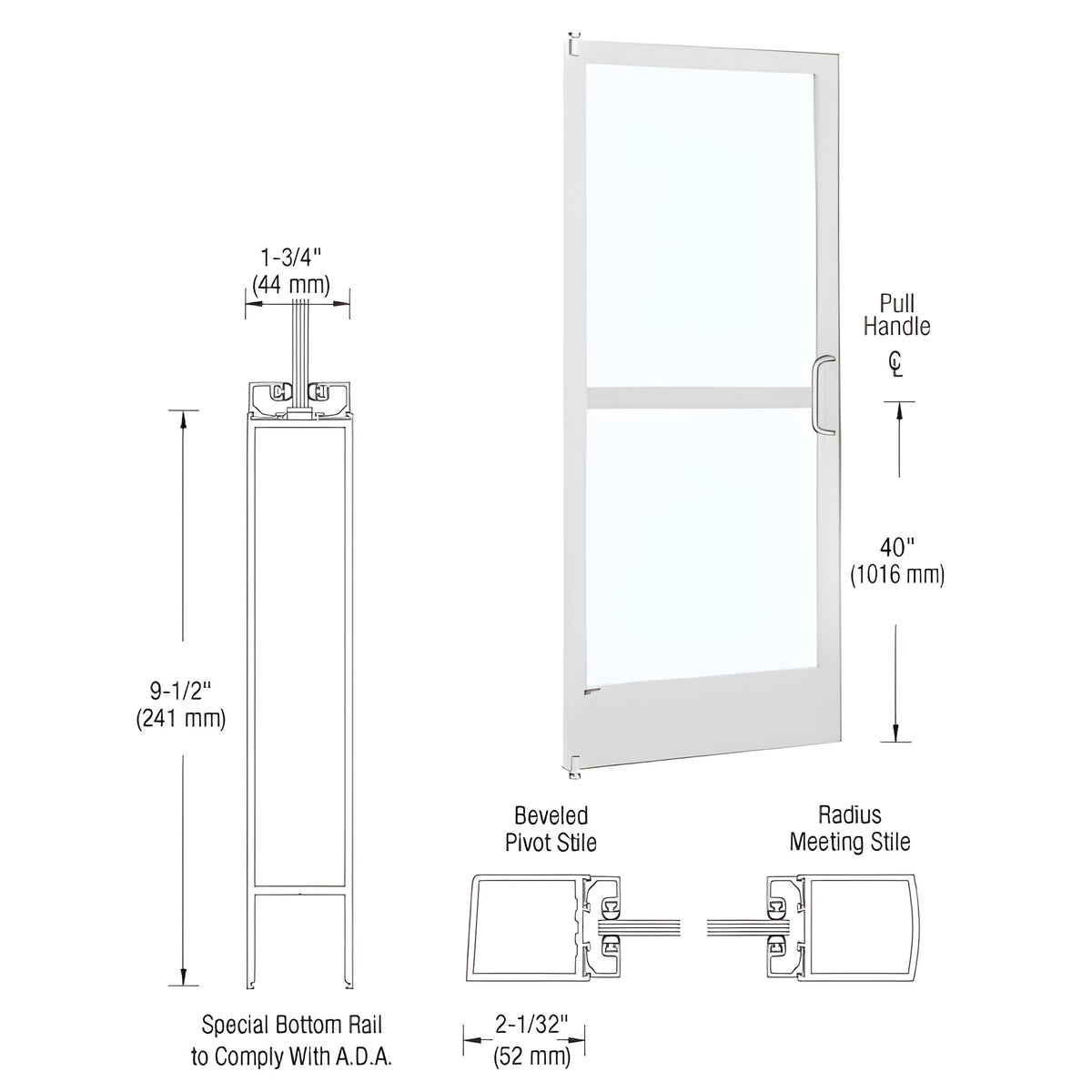 CRL-U.S. Aluminum White KYNAR® Paint 250 Series Narrow Stile Inactive Leaf of Pair 3'0 x 7'0 Offset Hung with Pivots for Surface Mount Closer Complete Panic Door with Standard Panic and 9-1/2" Bottom Rail