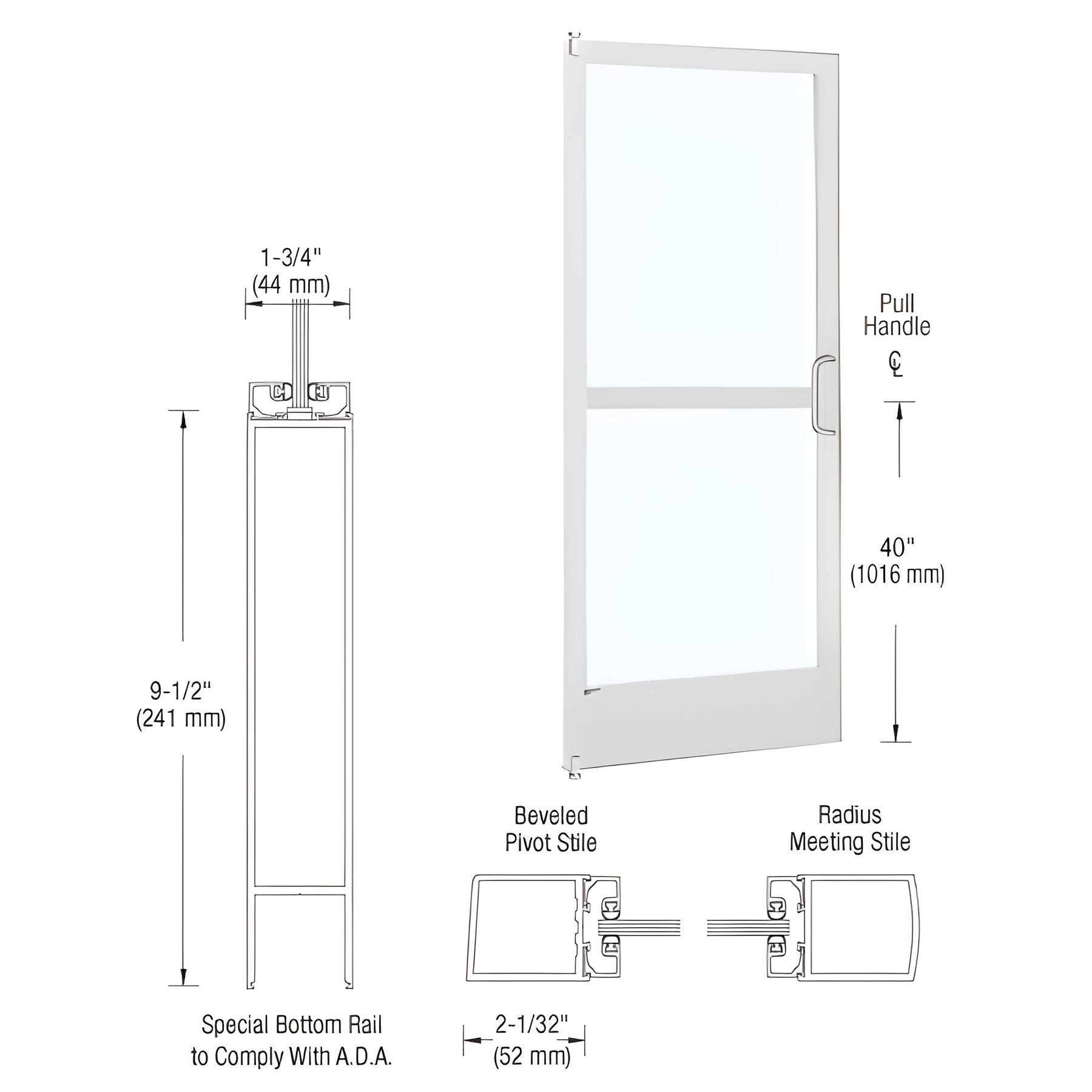 CRL-U.S. Aluminum White KYNAR® Paint 250 Series Narrow Stile Inactive Leaf of Pair 3'0 x 7'0 Offset Hung with Pivots for Surface Mount Closer Complete Panic Door with Standard Panic and 9-1/2" Bottom Rail