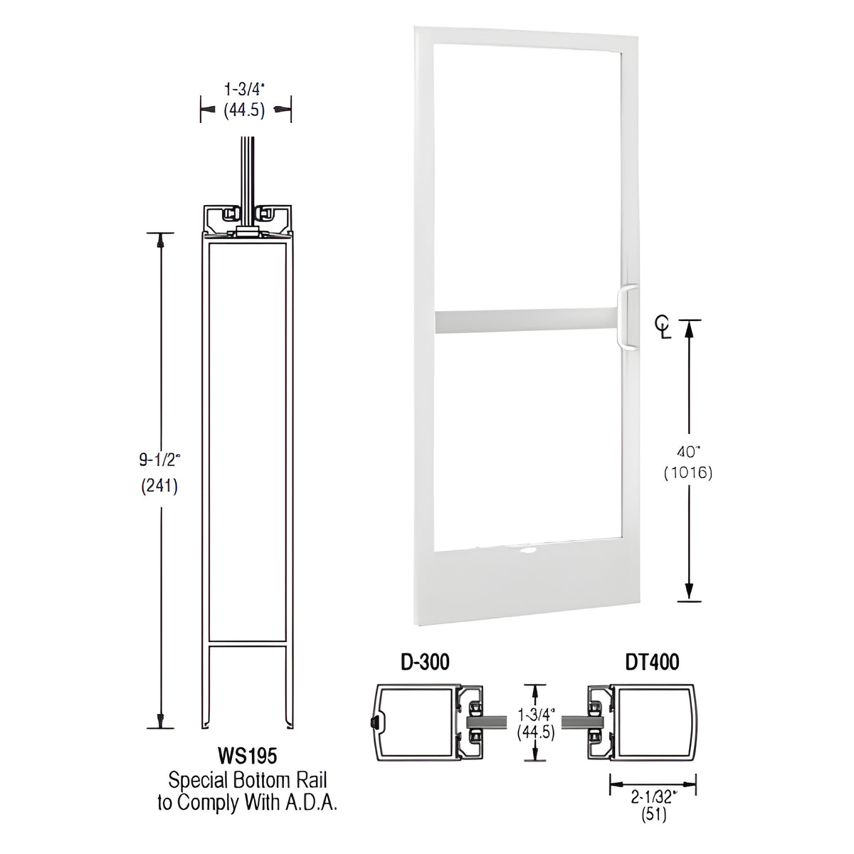 CRL-U.S. Aluminum White KYNAR® Paint 250 Series Narrow Stile Inactive Leaf of Pair 3'0 x 7'0 Center Hung for OHCC with Standard Push Bars Complete Panic Door with Standard Panic and 9-1/2" Bottom Rail