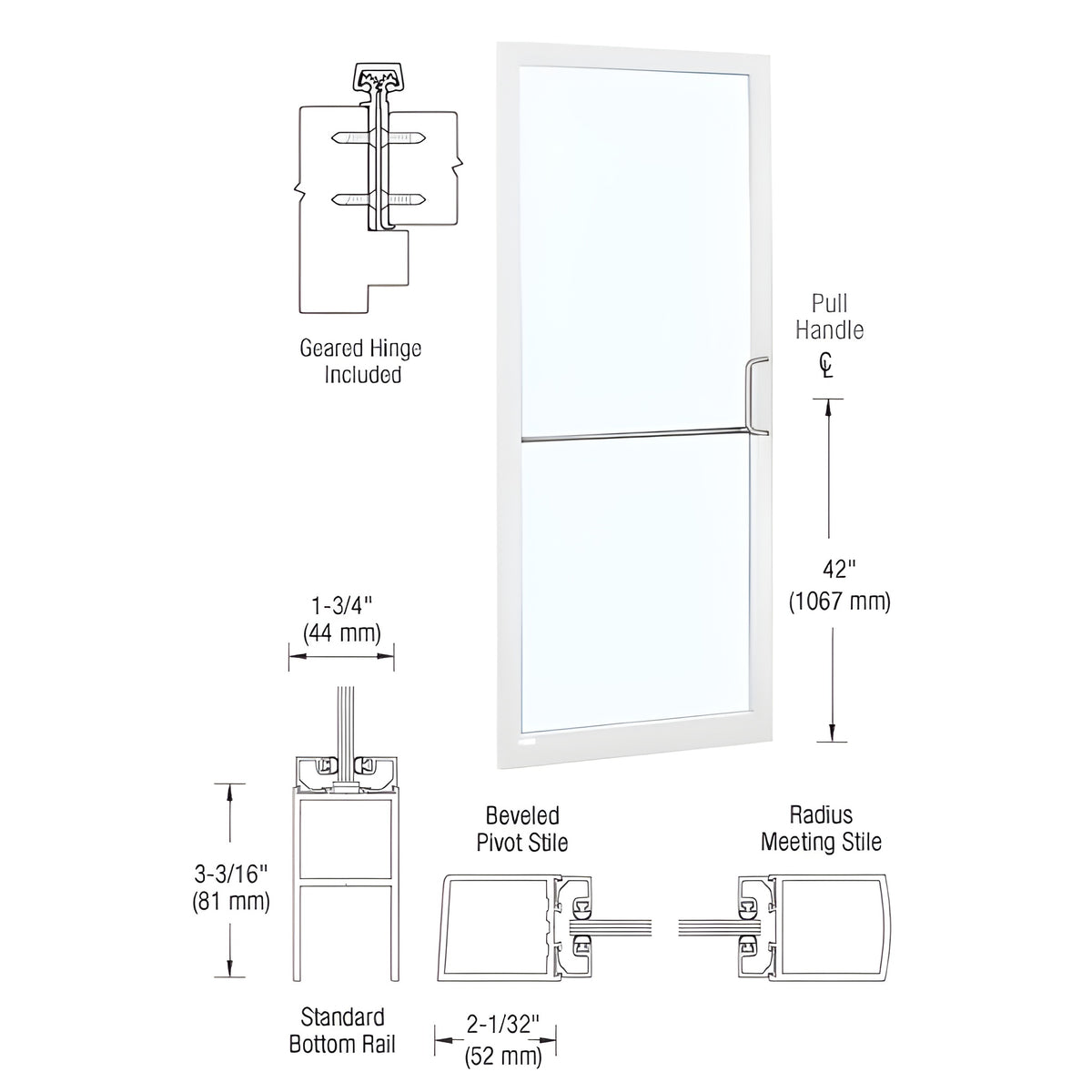 CRL-U.S. Aluminum White KYNAR® Paint 250 Series Narrow Stile Inactive Leaf of Pair 3'0 x 7'0 Offset Hung with Geared Hinged Complete Door Std. MS Lock & Bottom Rail