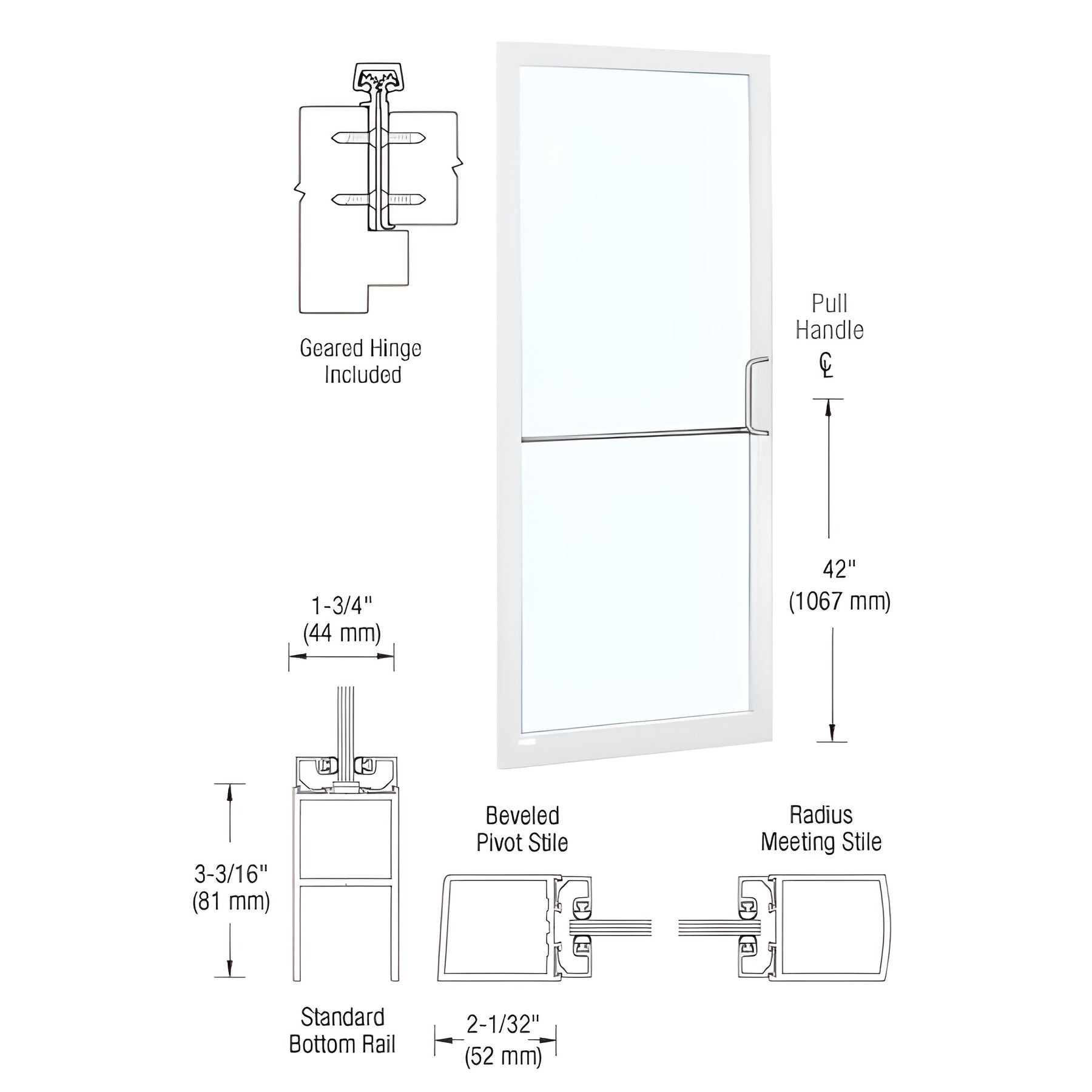 CRL-U.S. Aluminum White KYNAR® Paint 250 Series Narrow Stile Inactive Leaf of Pair 3'0 x 7'0 Offset Hung with Geared Hinged Complete Door Std. MS Lock & Bottom Rail