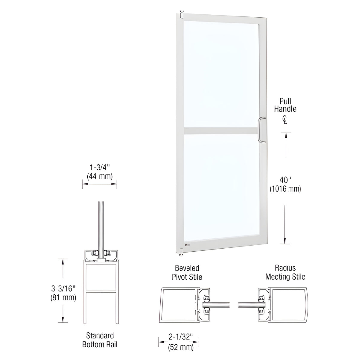 CRL-U.S. Aluminum White KYNAR® Paint 250 Series Narrow Stile Inactive Leaf of Pair 3'0 x 7'0 Offset Hung with Pivots for Surf Mount Closer Complete Panic Door with Std. Panic and Bottom Rail