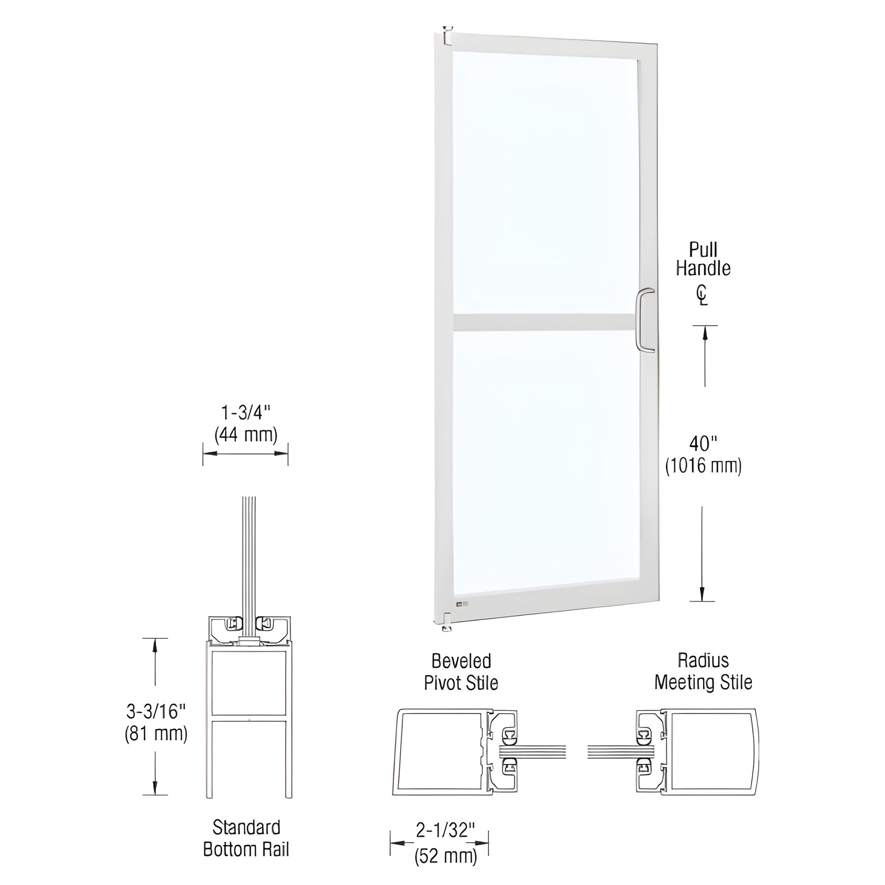 CRL-U.S. Aluminum White KYNAR® Paint 250 Series Narrow Stile Inactive Leaf of Pair 3'0 x 7'0 Offset Hung with Pivots for Surf Mount Closer Complete Panic Door with Std. Panic and Bottom Rail