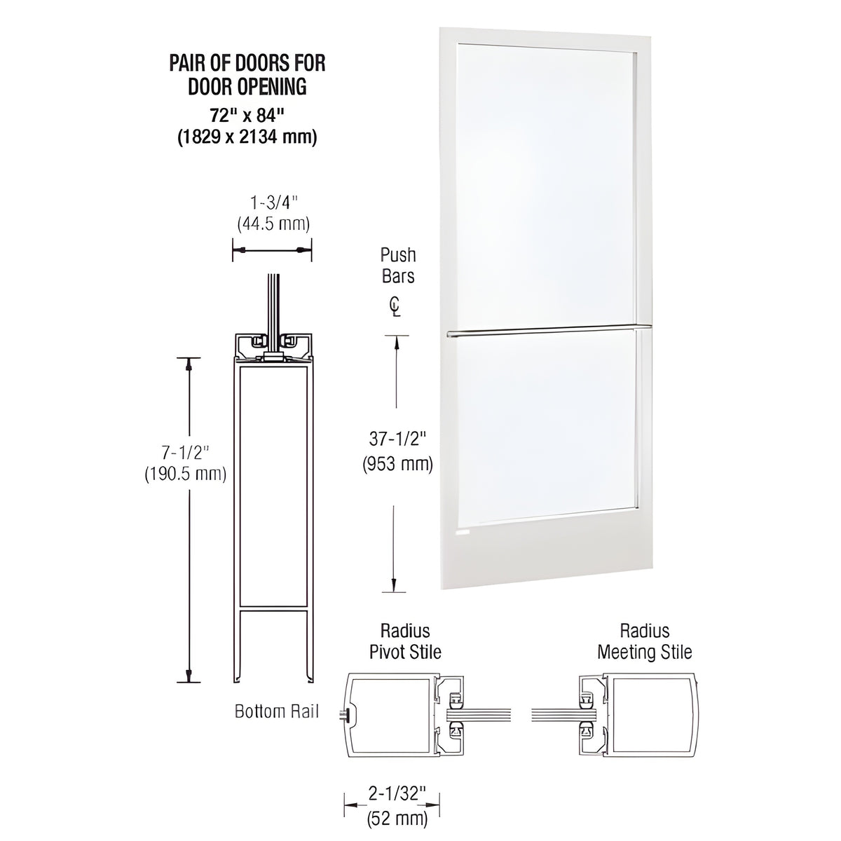 CRL-U.S. Aluminum White KYNAR® Paint 250 Series Narrow Stile Inactive Leaf of Pair 3'0 x 7'0 Center Hung for OHCC w/Standard Push Bars Complete Door/Std. MS Lock, 7-1/2" Std. Bottom Rail