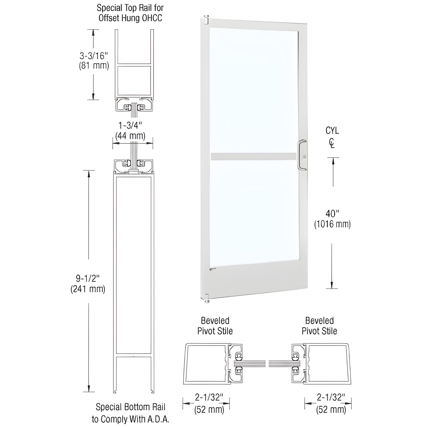 CRL-U.S. Aluminum White KYNAR® Paint 250 Series Narrow Stile (LHR) HLSO Single 3'0 x 7'0 Offset Hung with Offset Pivots for OHCC 105 Degree Closer Complete Panic Door with Standard Panic and 9-1/2" Bottom Rail