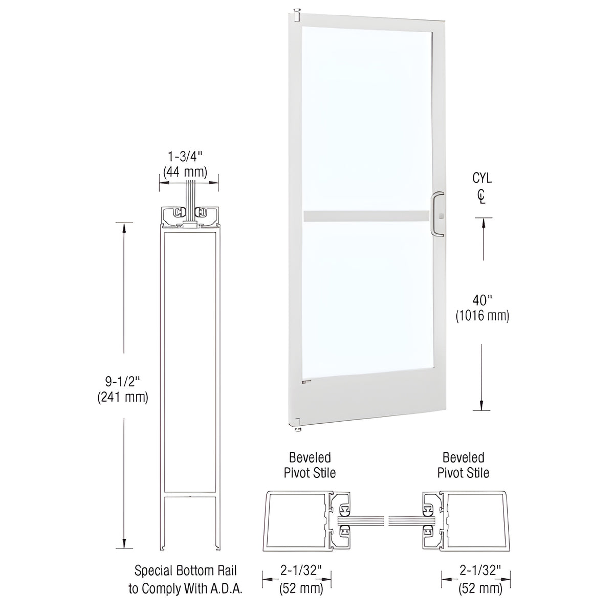 CRL-U.S. Aluminum White KYNAR® Paint 250 Series Narrow Stile (LHR) HLSO Single 3'0 x 7'0 Offset Hung with Pivots for Surf Mount Closer Complete Panic Door with Standard Panic and 9-1/2" Bottom Rail