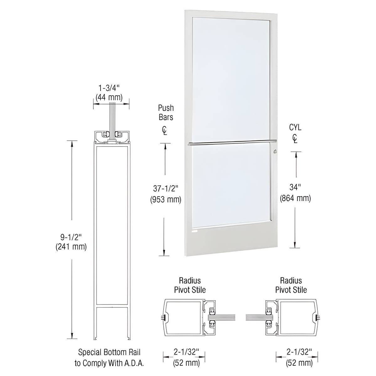 CRL-U.S. Aluminum White KYNAR® Paint 250 Series Narrow Stile (LHR) HLSO Single 3'0 x 7'0 Center Hung for OHCC w/Standard Push Bars Complete Door Std. Lock and 9-1/2" Bottom Rail