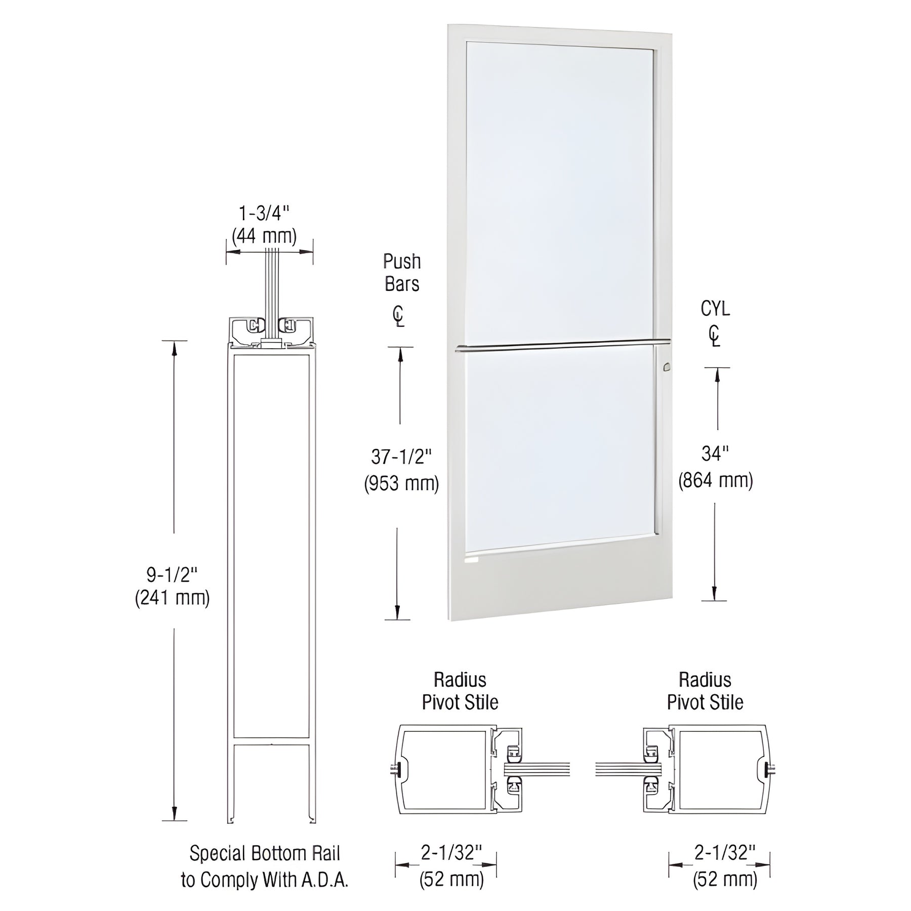 CRL-U.S. Aluminum White KYNAR® Paint 250 Series Narrow Stile (LHR) HLSO Single 3'0 x 7'0 Center Hung for OHCC w/Standard Push Bars Complete Door Std. Lock and 9-1/2" Bottom Rail
