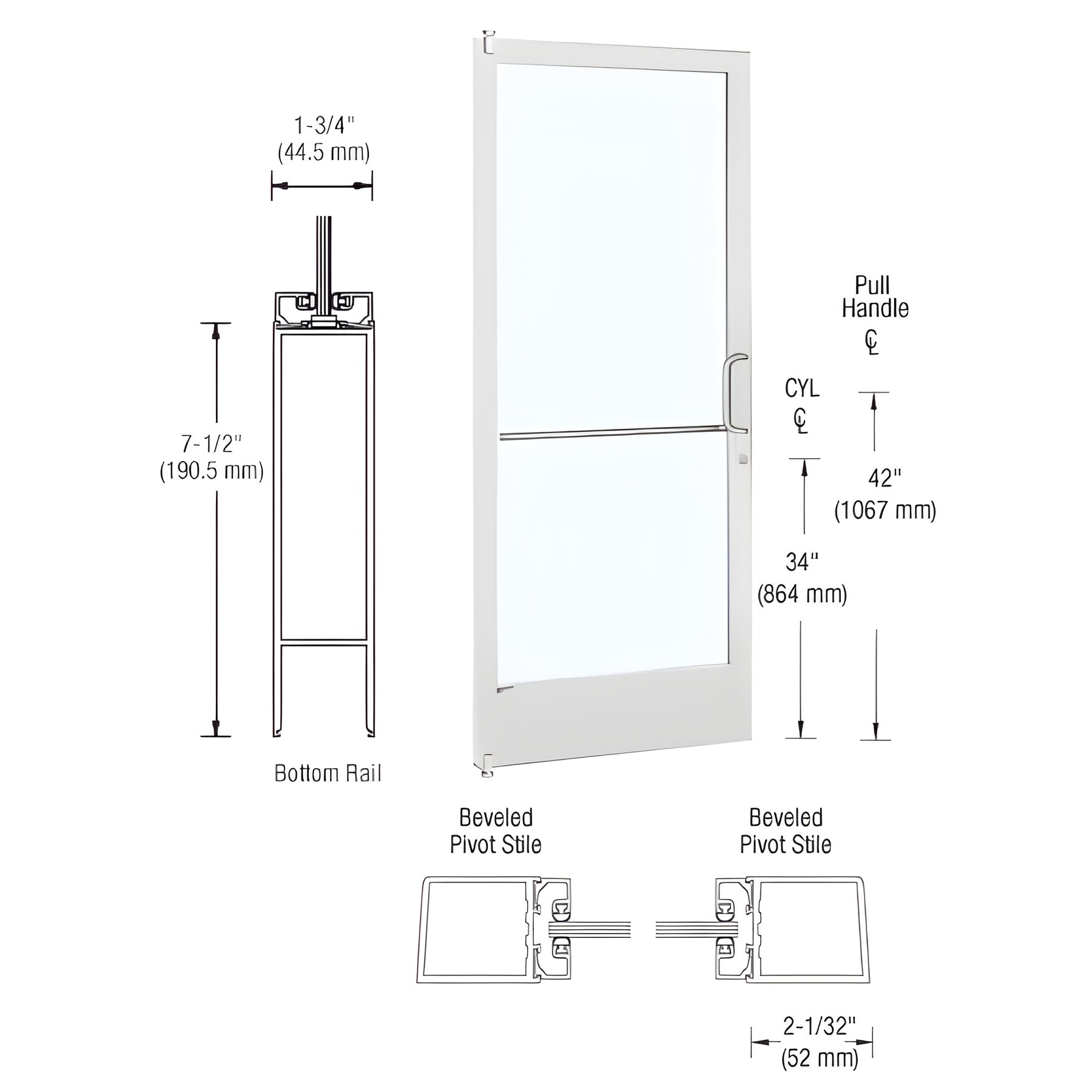 CRL-U.S. Aluminum White KYNAR® Paint 250 Series Narrow Stile (LHR) HLSO Single 3'0 x 7'0 Offset Hung with Pivots for Surf Mount Closer Complete Door/Std. MS Lock, 7-1/2" Standard Bottom Rail