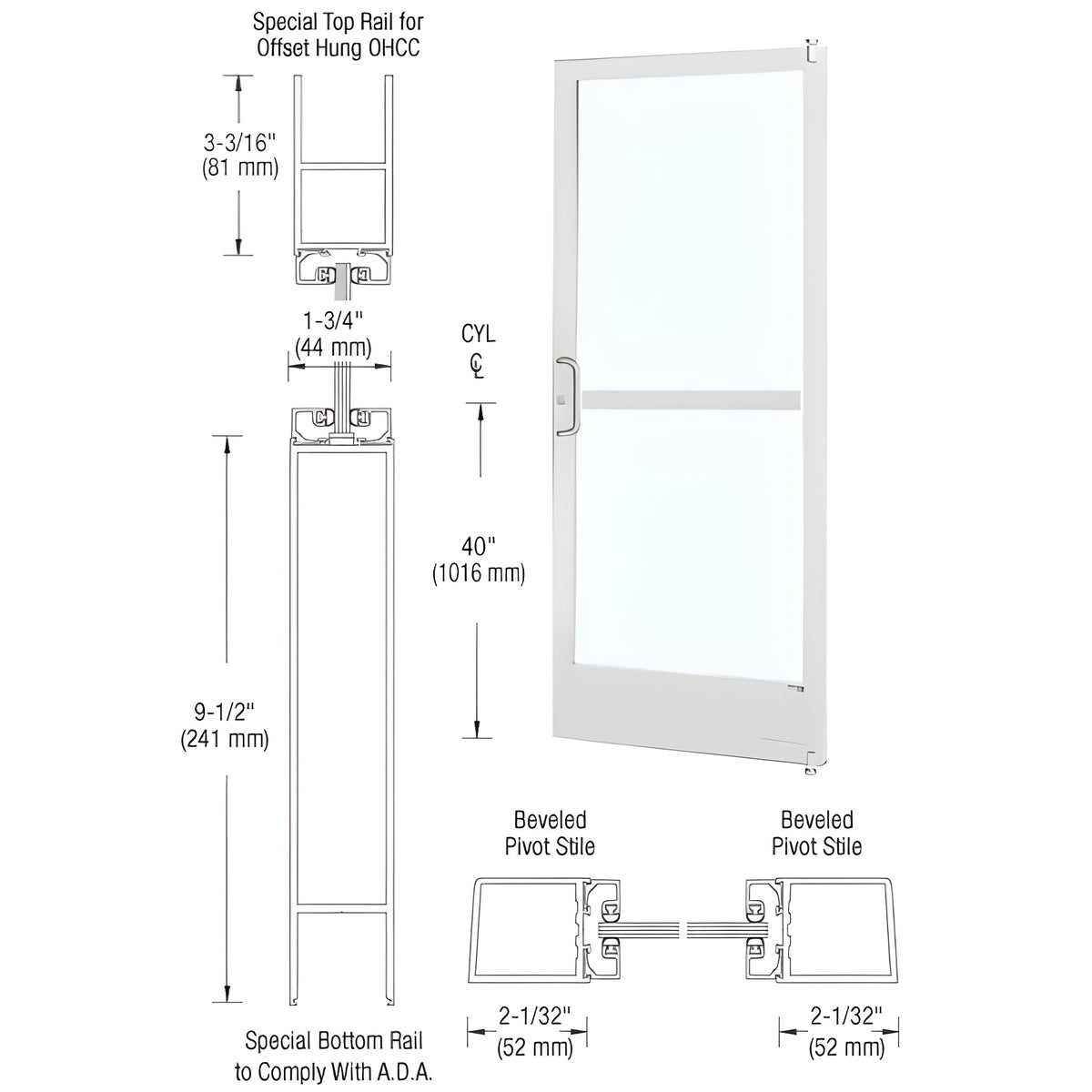 CRL-U.S. Aluminum White KYNAR® Paint 250 Series Narrow Stile (RHR) HRSO Single 3' x 7' Offset Hung with Offset Pivots for OHCC 105 Degree Closer Complete Panic Door with Standard Panic and 9-1/2" Bottom Rail