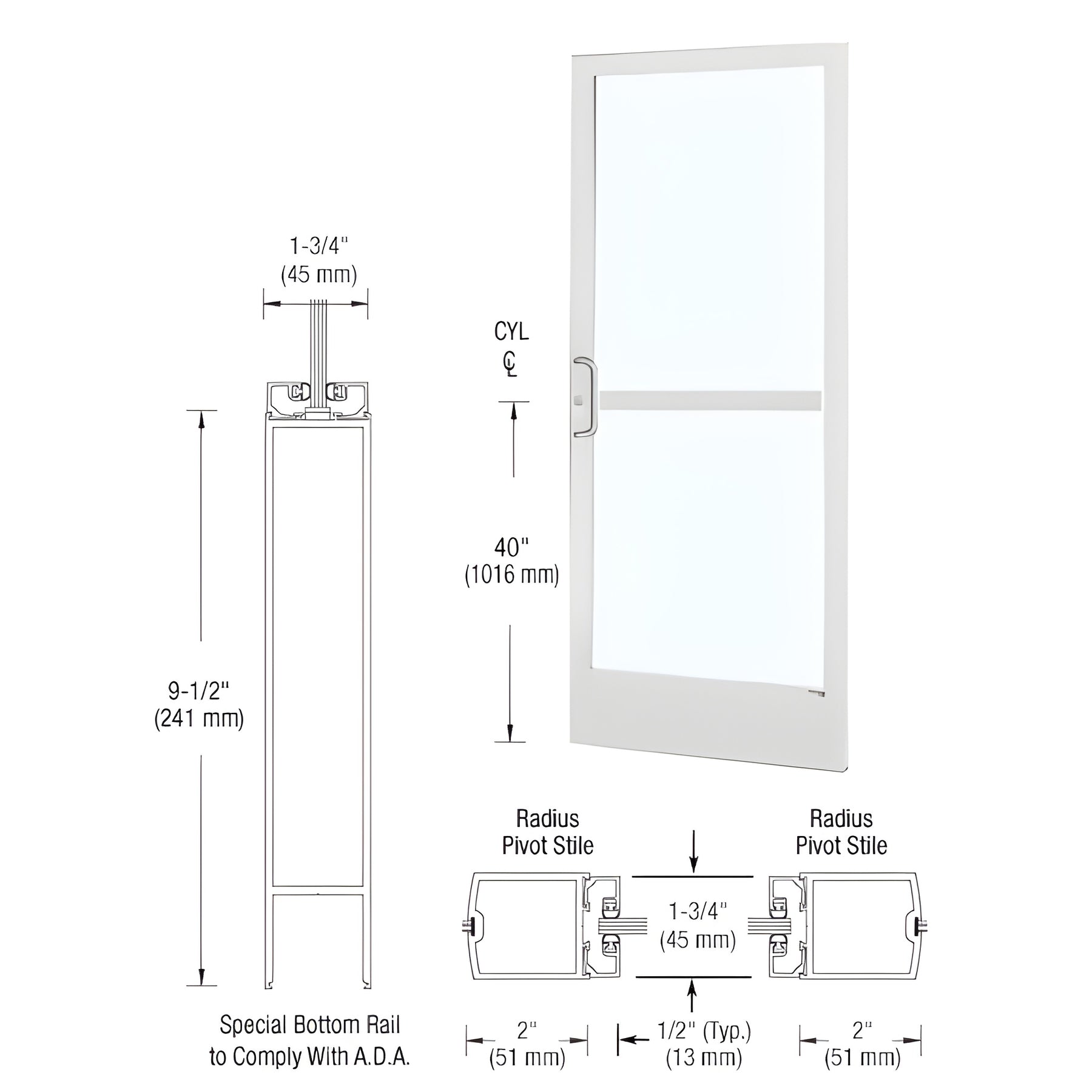 CRL-U.S. Aluminum White KYNAR® Paint 250 Series Narrow Stile (RHR) HRSO Single 3'0 x 7'0 Center Hung for OHCC w/Standard Push Bars Complete Panic Door with Std. Panic and 9-1/2" Bottom Rail