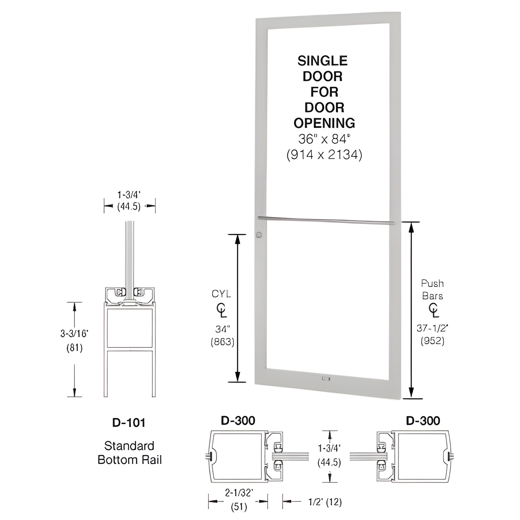 CRL-U.S. Aluminum White KYNAR® Paint 250 Series Narrow Stile (RHR) HRSO Single 3'0 x 7'0 Center Hung for OHCC w/Standard Push Bars Complete Door Std. MS Lock & Bottom Rail