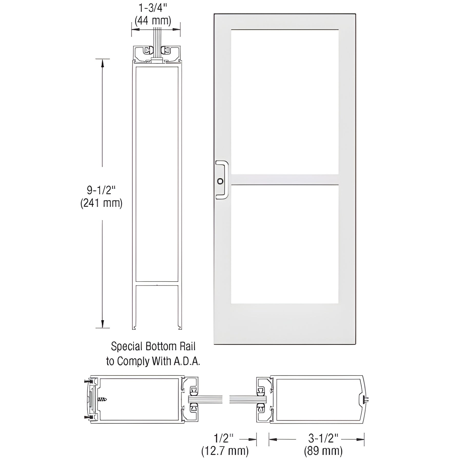 CRL-U.S. Aluminum White KYNAR® Paint 400 Series Medium Stile Active Leaf of Pair 3'0 x 7'0 Center Hung for OHCC w/Standard Push Bars Complete Panic Door with Std. Panic and 9-1/2" Bottom Rail