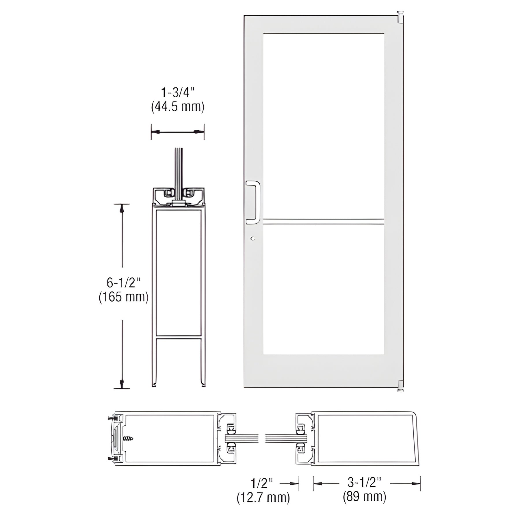 CRL-U.S. Aluminum White KYNAR® Paint 400 Series Medium Stile Active Leaf of Pair 3'0 x 7'0 Offset Hung with Pivots for Surf Mount Closer Complete Door Std. MS Lock & Bottom Rail