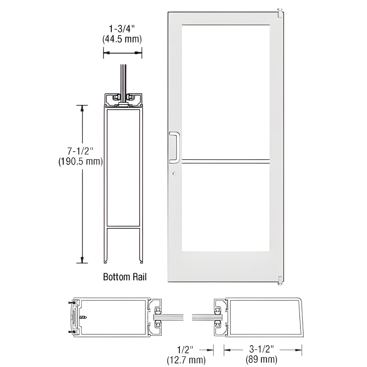 CRL-U.S. Aluminum White KYNAR® Paint 400 Series Medium Stile Active Leaf of Pair 3'0 x 7'0 Offset Hung with Pivots for Surf Mount Closer Complete Door/Std. MS Lock, 7-1/2" Std. Bottom Rail