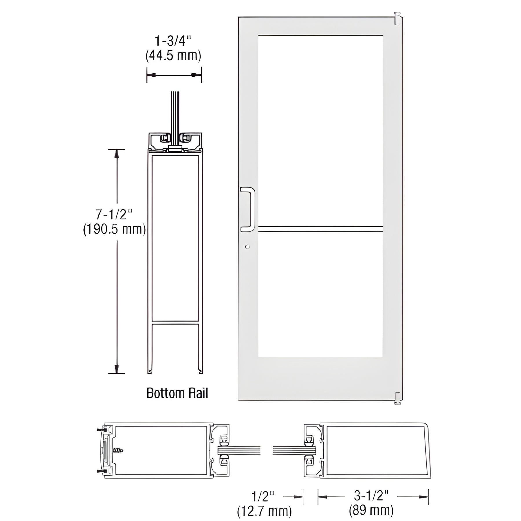CRL-U.S. Aluminum White KYNAR® Paint 400 Series Medium Stile Active Leaf of Pair 3'0 x 7'0 Offset Hung with Pivots for Surf Mount Closer Complete Door/Std. MS Lock, 7-1/2" Std. Bottom Rail