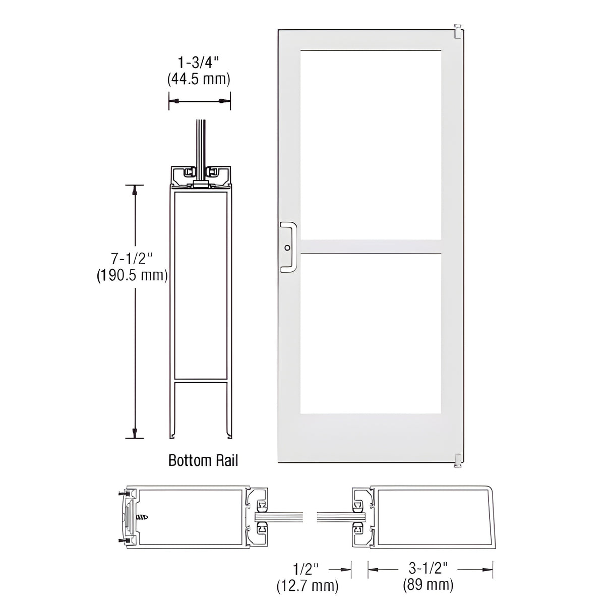 CRL-U.S. Aluminum White KYNAR® Paint 400 Series Medium Stile Active Leaf of Pair 3'0 x 7'0 Offset Hung with Pivots for Surf Mount Closer Complete Panic Door with Standard Panic and 7-1/2" Bottom Rail