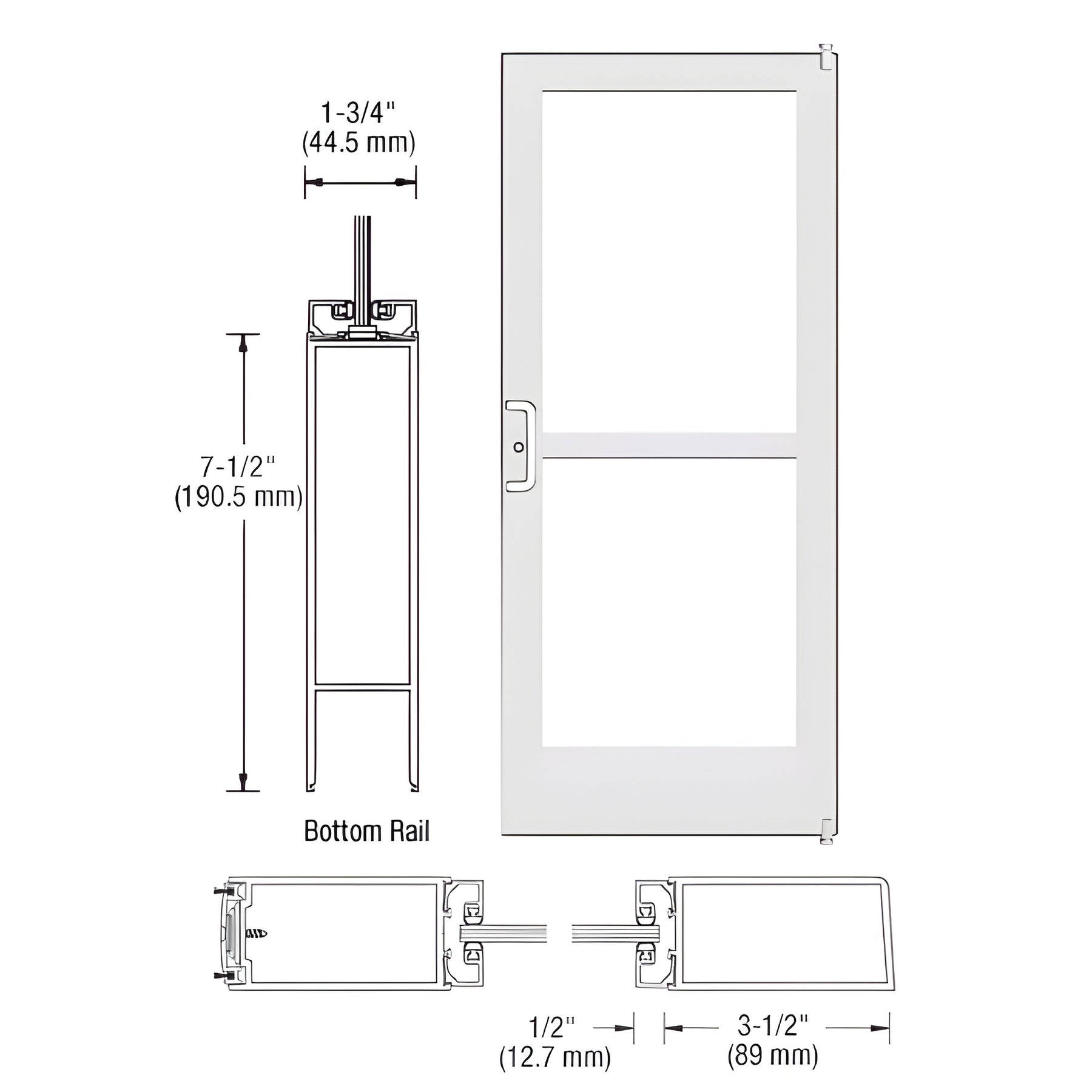 CRL-U.S. Aluminum White KYNAR® Paint 400 Series Medium Stile Active Leaf of Pair 3'0 x 7'0 Offset Hung with Pivots for Surf Mount Closer Complete Panic Door with Standard Panic and 7-1/2" Bottom Rail