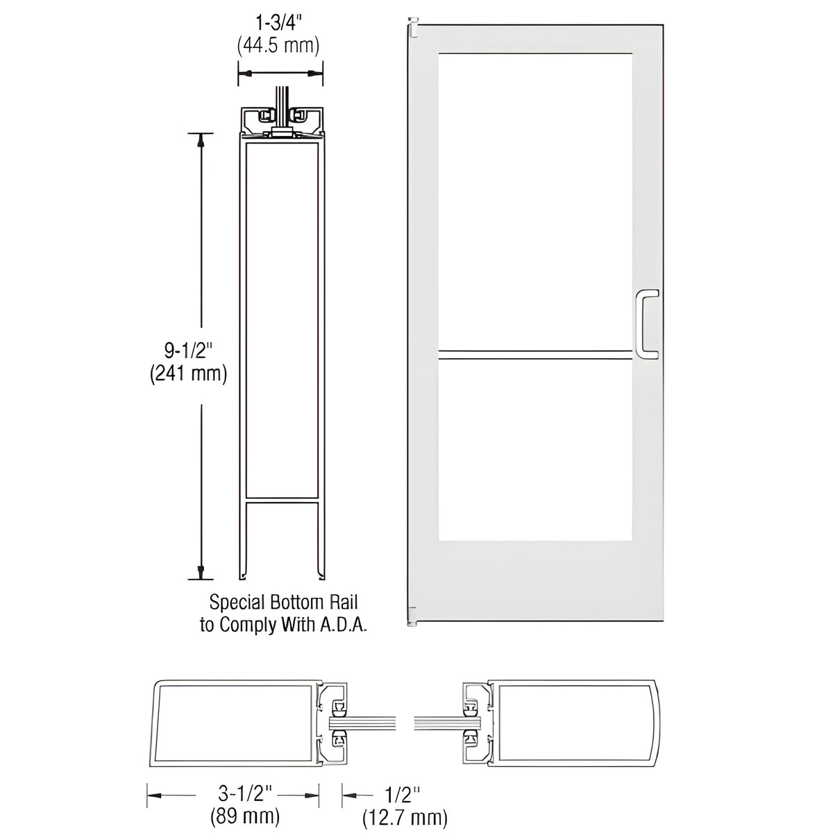 CRL-U.S. Aluminum White KYNAR® Paint 400 Series Medium Stile Inactive Leaf of Pair 3'0 x 7'0 Offset Hung with Pivots for Surf Mount Closer Complete Door Std. Lock and 9-1/2" Bottom Rail