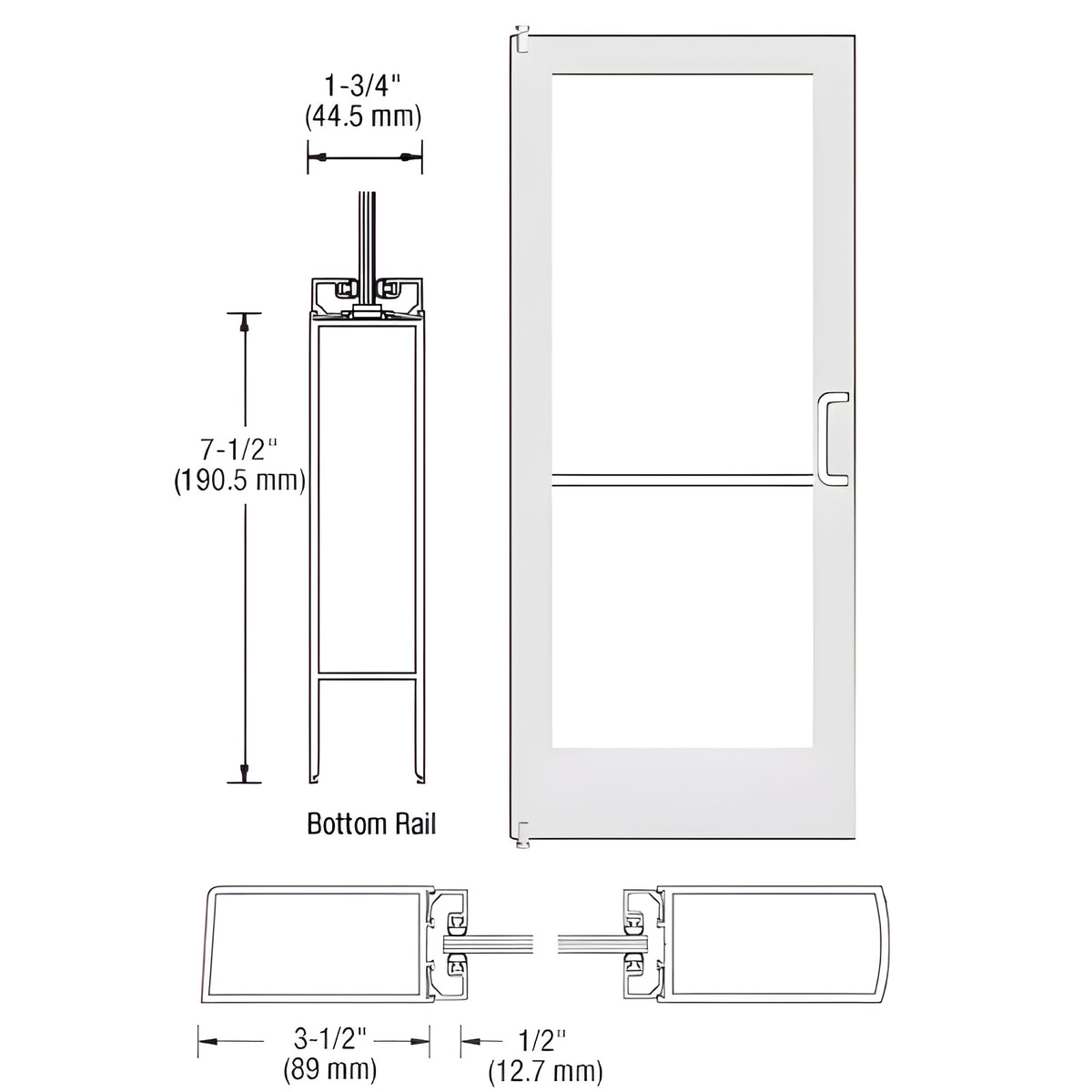 CRL-U.S. Aluminum White KYNAR® Paint 400 Series Medium Stile Inactive Leaf of Pair 3'0 x 7'0 Offset Hung with Pivots for Surf Mount Closer Complete Door/Std. MS Lock, 7-1/2" Std. Bottom Rail