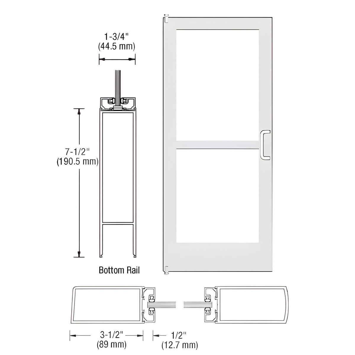 CRL-U.S. Aluminum White KYNAR® Paint 400 Series Medium Stile Inactive Leaf of Pair 3'0 x 7'0 Offset Hung with Pivots for Surf Mount Closer Complete Panic Door with Std. Panic and 7-1/2" Bottom Rail
