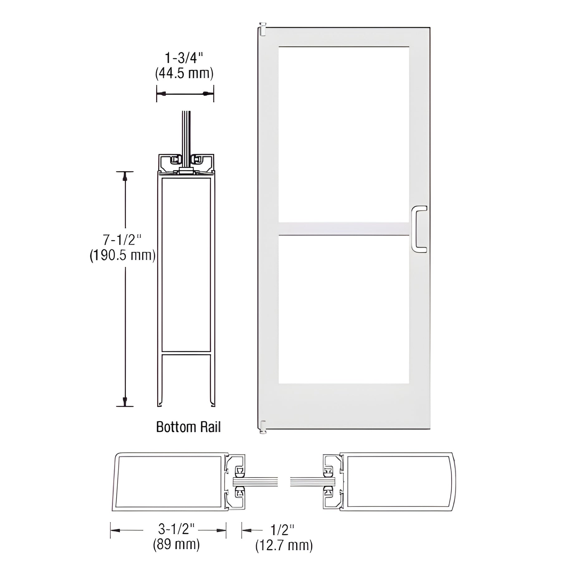 CRL-U.S. Aluminum White KYNAR® Paint 400 Series Medium Stile Inactive Leaf of Pair 3'0 x 7'0 Offset Hung with Pivots for Surf Mount Closer Complete Panic Door with Std. Panic and 7-1/2" Bottom Rail