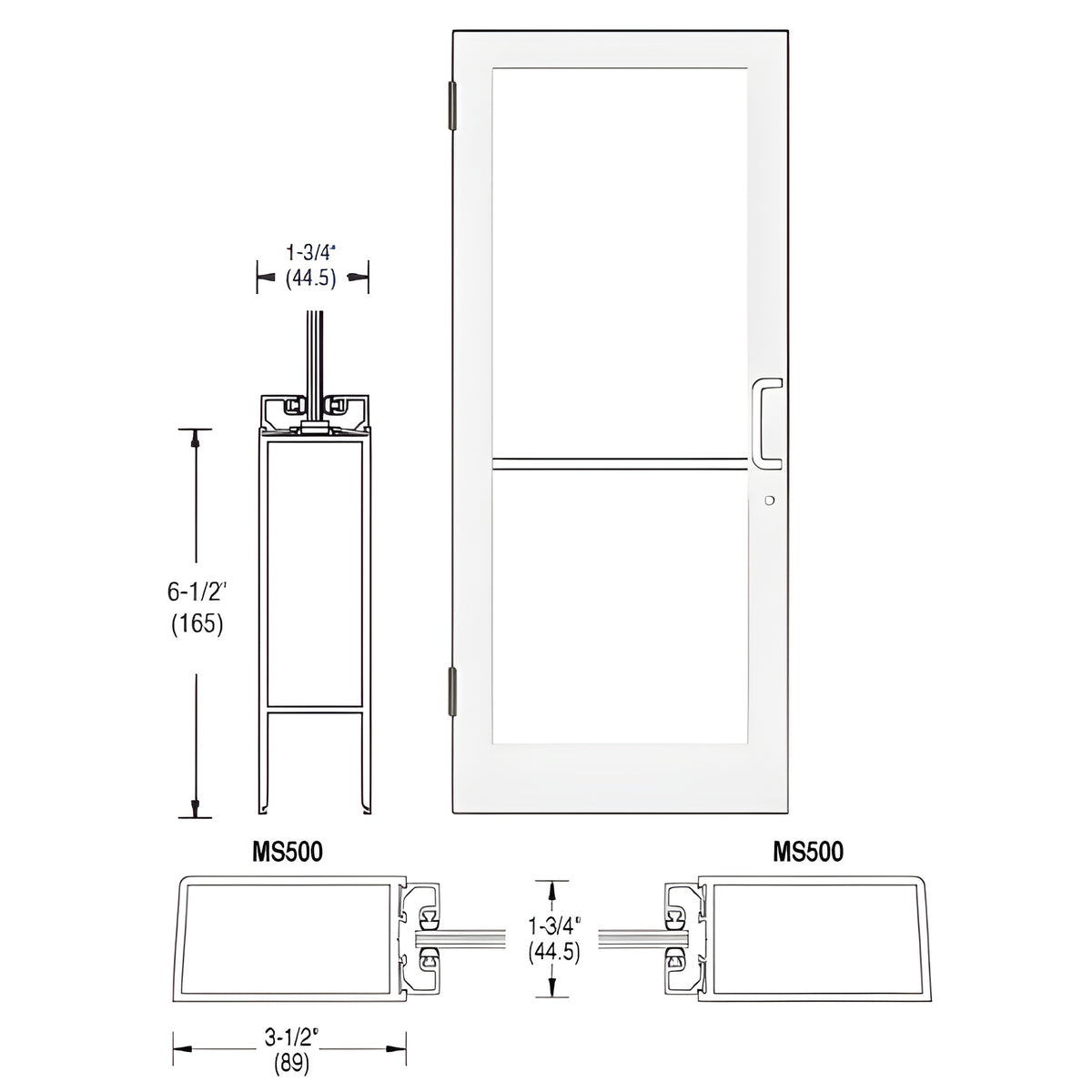 CRL-U.S. Aluminum White KYNAR® Paint 400 Series Medium Stile (LHR) HLSO Single 3'0 x 7'0 Offset Hung with Butt Hinges for Surf Mount Closer Complete Door Std. MS Lock & Bottom Rail