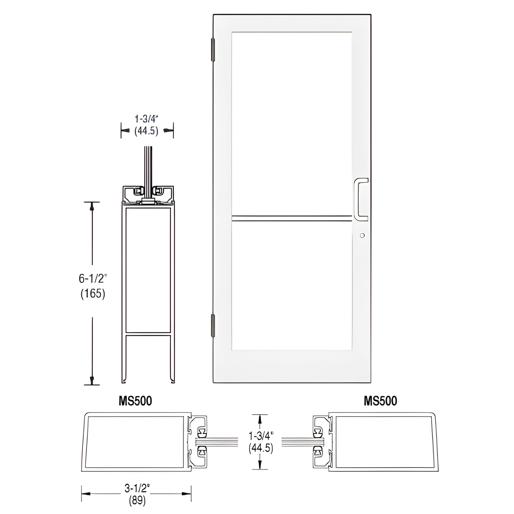 CRL-U.S. Aluminum White KYNAR® Paint 400 Series Medium Stile (LHR) HLSO Single 3'0 x 7'0 Offset Hung with Butt Hinges for Surf Mount Closer Complete Door Std. MS Lock & Bottom Rail