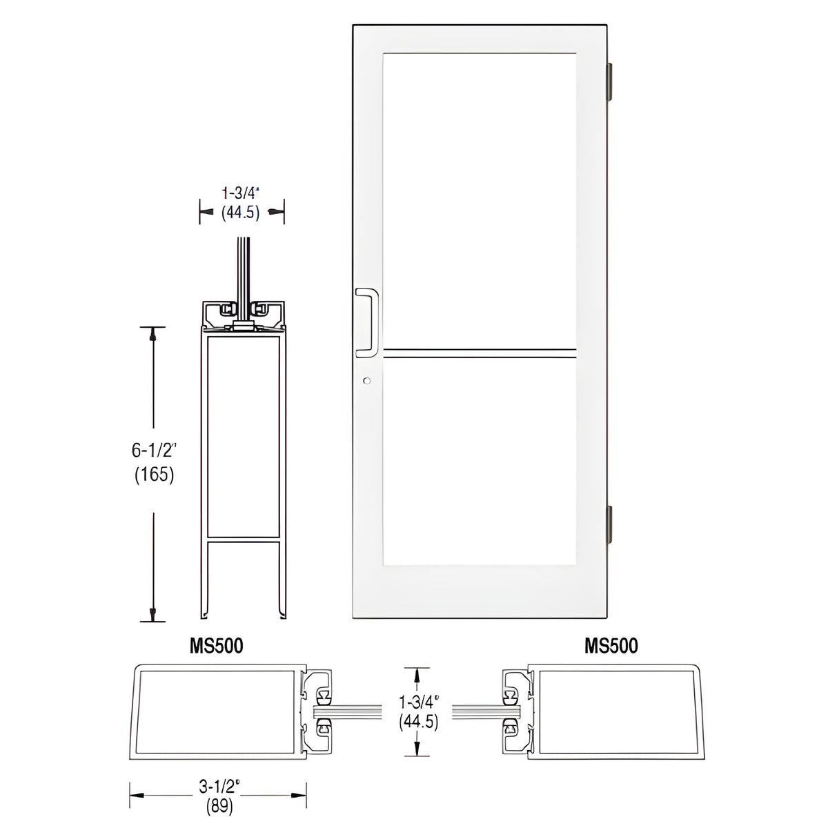 CRL-U.S. Aluminum White KYNAR® Paint 400 Series Medium Stile (RHR) HRSO Single 3'0 x 7'0 Offset Hung with Butt Hinges for Surf Mount Closer Complete Door Std. MS Lock & Bottom Rail