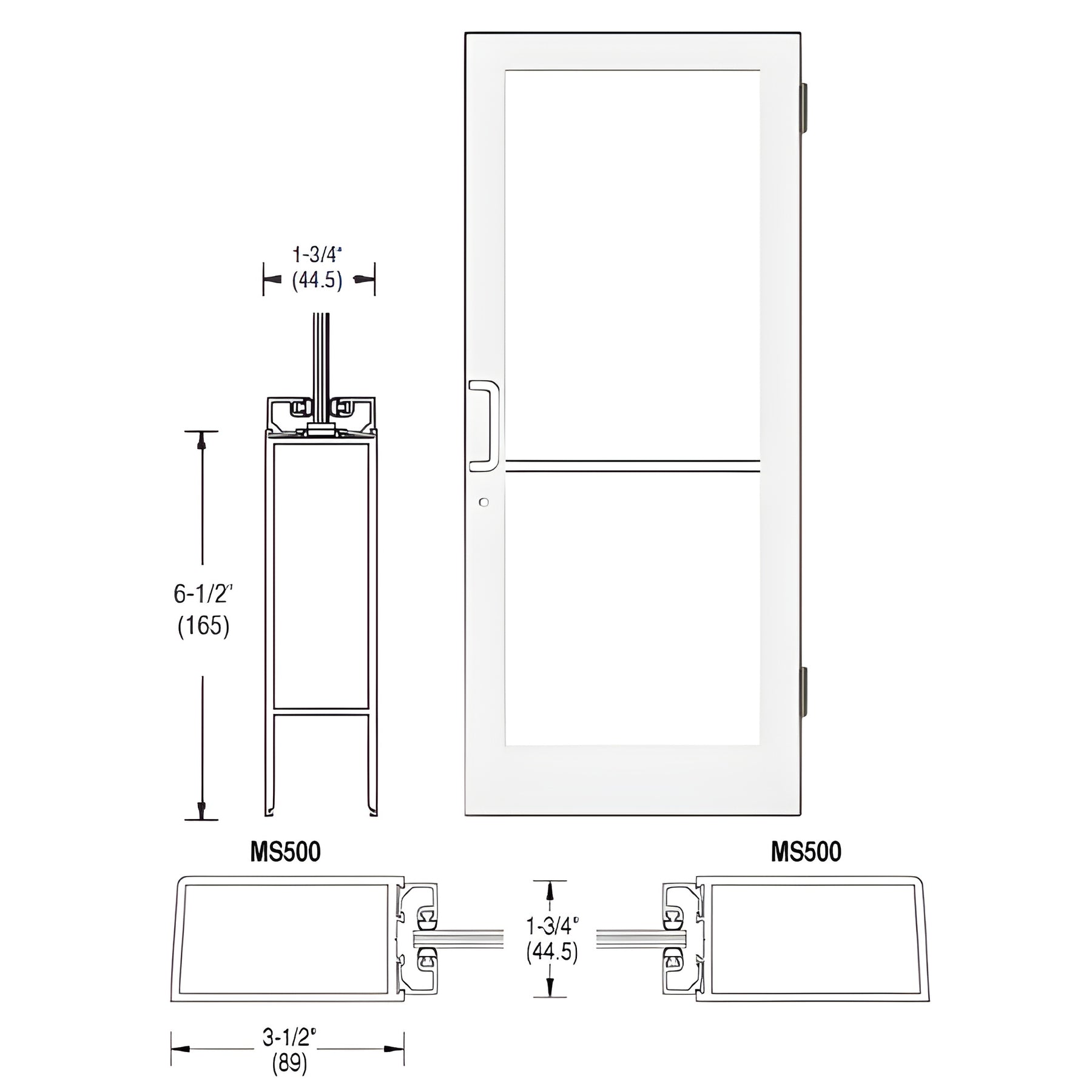 CRL-U.S. Aluminum White KYNAR® Paint 400 Series Medium Stile (RHR) HRSO Single 3'0 x 7'0 Offset Hung with Butt Hinges for Surf Mount Closer Complete Door Std. MS Lock & Bottom Rail