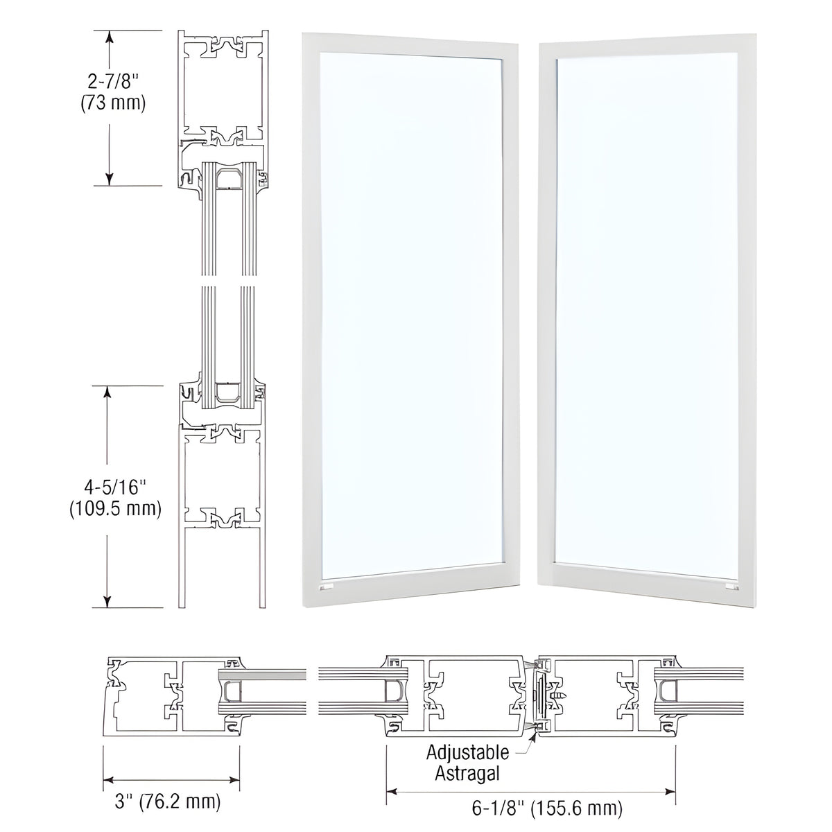 CRL-U.S. Aluminum White KYNAR® Paint Custom Blank Pair Series 250T Narrow Stile Offset Hung Thermal Entrance Doors - No Prep