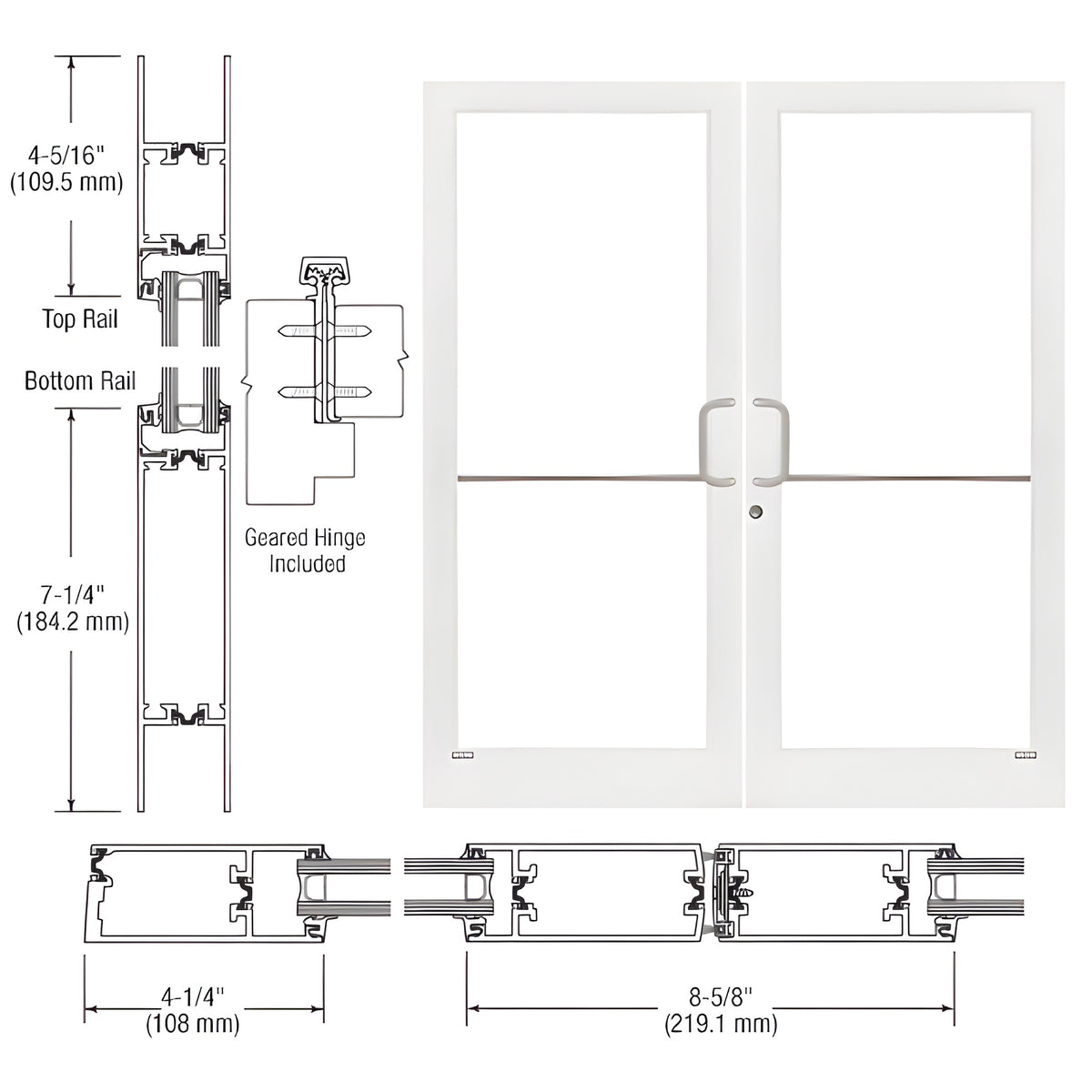 CRL-U.S. Aluminum White KYNAR® Paint Custom Pair 72" x 84" Series 400T Medium Stile Gear Hinge Entrance Door