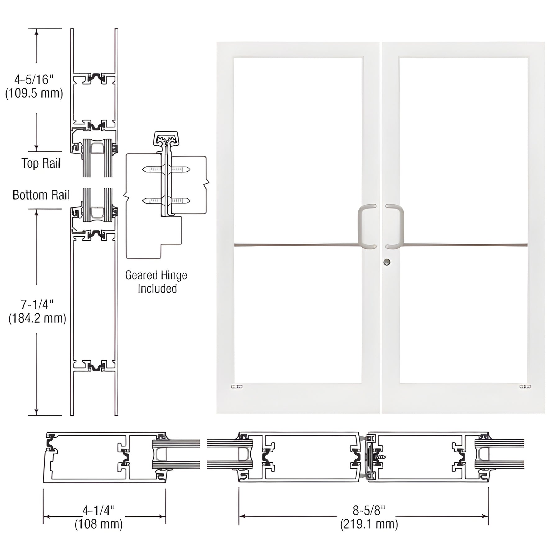 CRL-U.S. Aluminum White KYNAR® Paint Custom Pair 72" x 84" Series 400T Medium Stile Gear Hinge Entrance Door