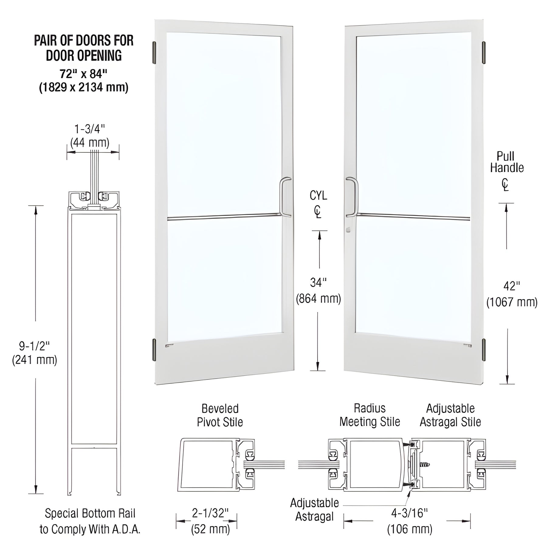 CRL-U.S. Aluminum White KYNAR® Paint Custom Pair 72" x 84" Series 250 Narrow Stile Butt Hinge Entrance Door