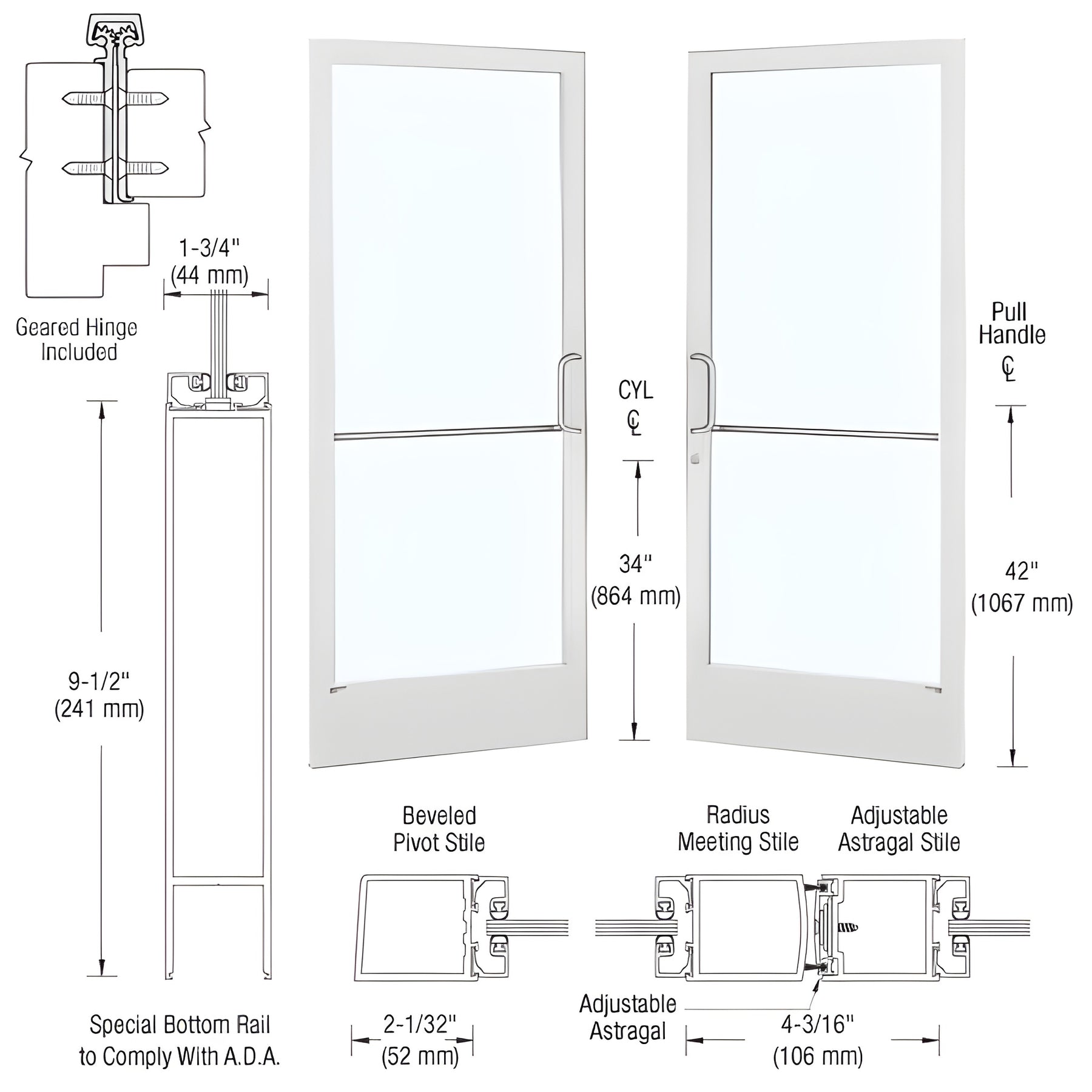 CRL-U.S. Aluminum White KYNAR® Paint Custom Pair 72" x 84" Series 250 Narrow Stile Gear Hinge Entrance Door