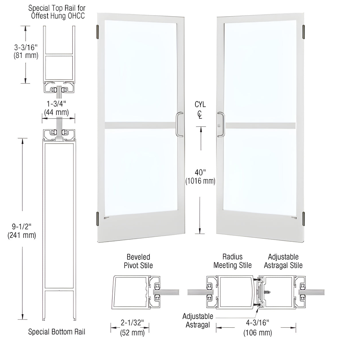 CRL-U.S. Aluminum White KYNAR® Paint Custom Pair 72" x 84" Series 250 Narrow Stile Butt Hinge Entrance Door for OHCC