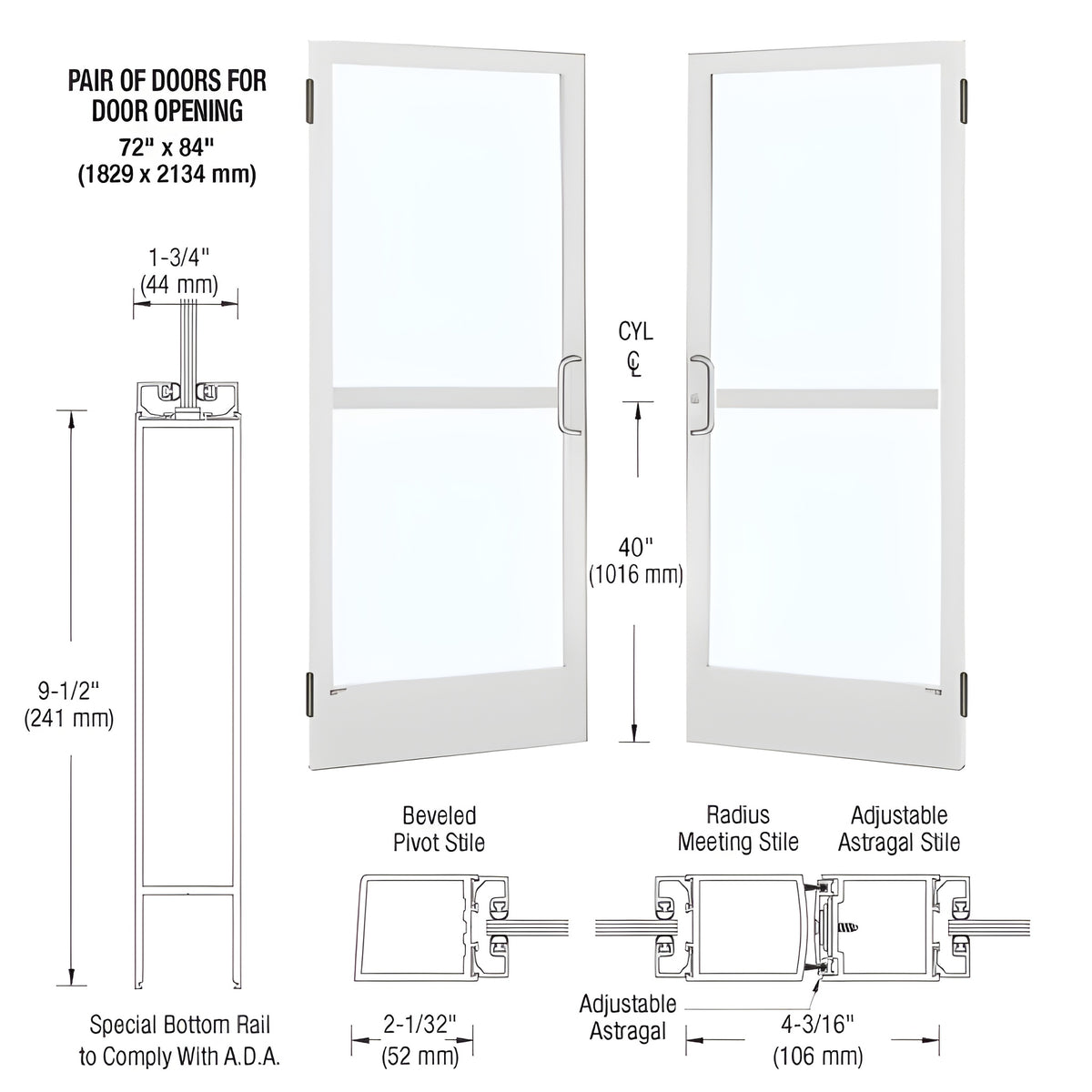 CRL-U.S. Aluminum White KYNAR® Paint Custom Pair 72" x 84" Series 250 Narrow Stile Butt Hinge Entrance Door