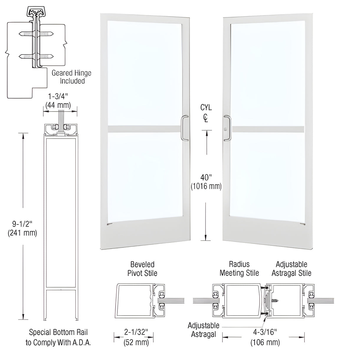 CRL-U.S. Aluminum White KYNAR® Paint Custom Pair 72" x 84" Series 250 Narrow Stile Gear Hinge Entrance Door