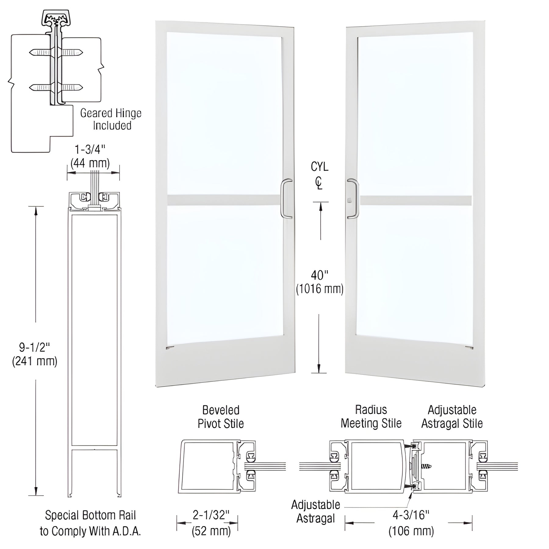 CRL-U.S. Aluminum White KYNAR® Paint Custom Pair 72" x 84" Series 250 Narrow Stile Gear Hinge Entrance Door