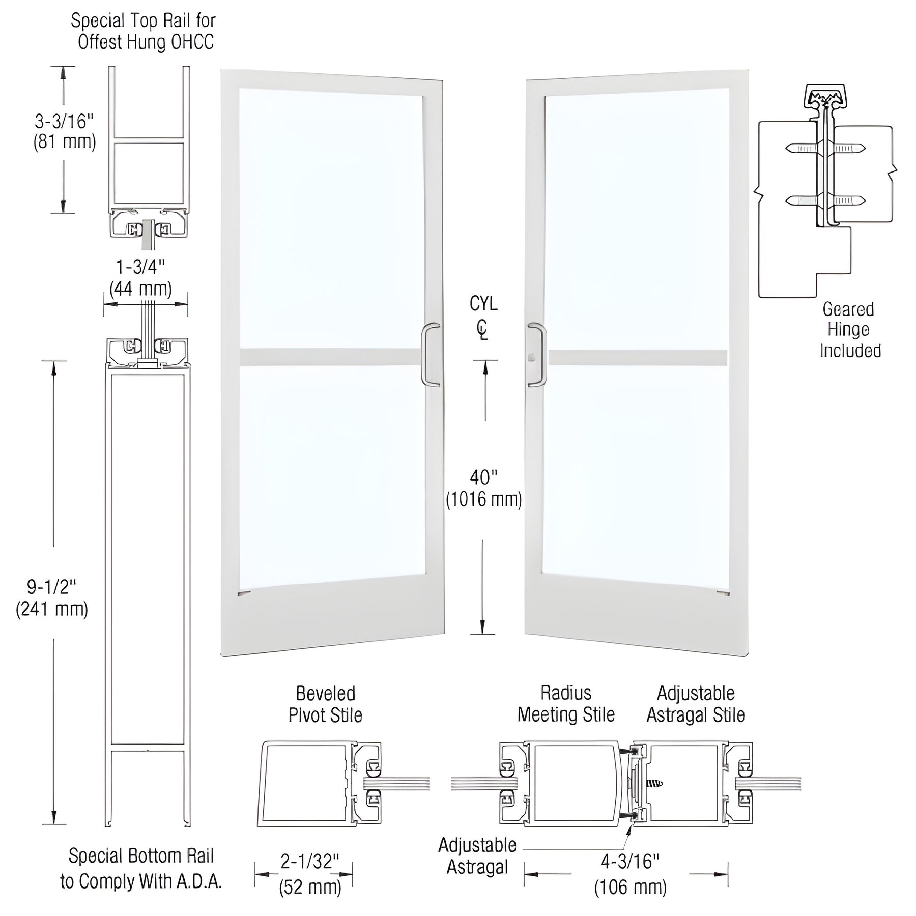 CRL-U.S. Aluminum White KYNAR® Paint Custom Pair 72" x 84" Series 250 Narrow Stile Gear Hinge Entrance Door for OHCC