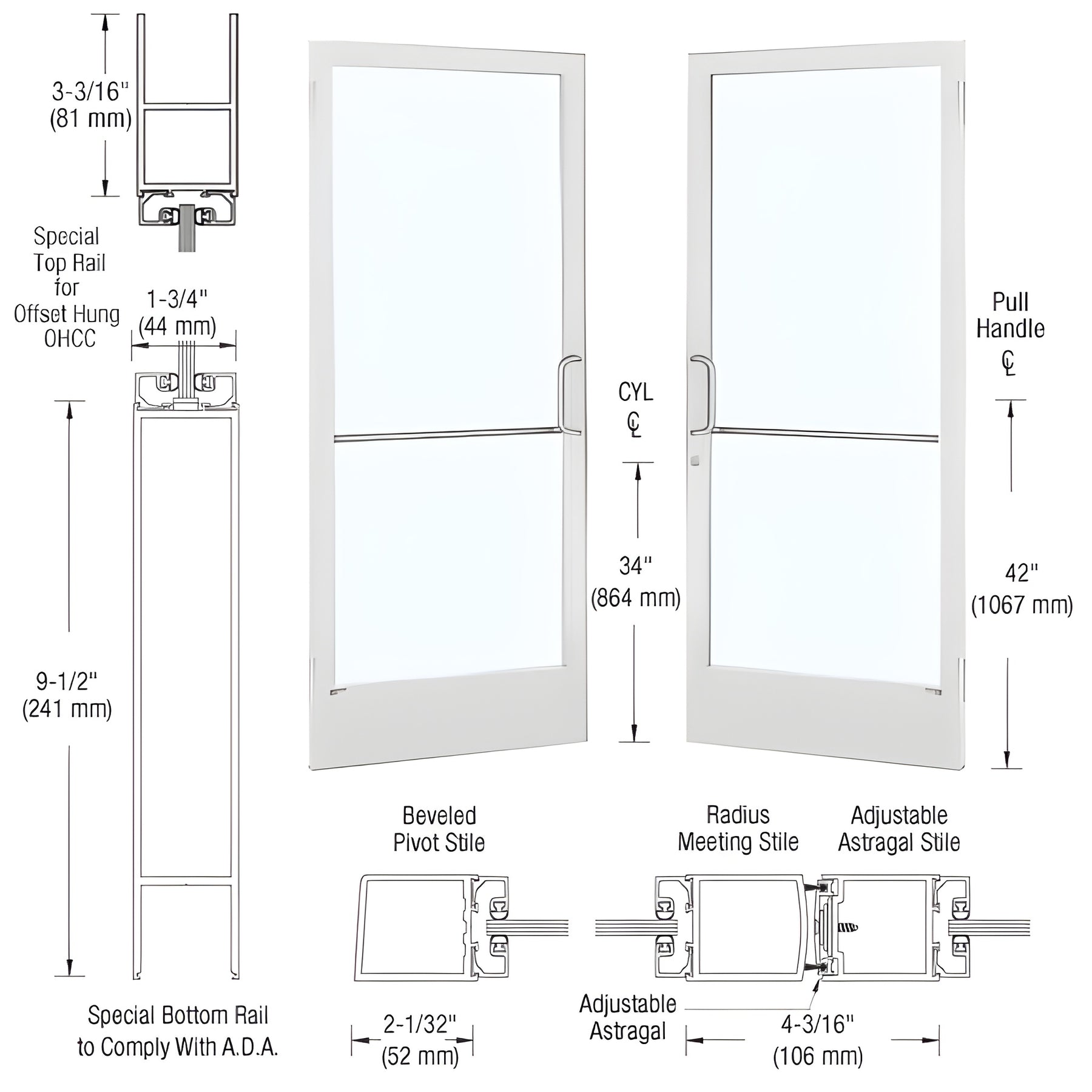 CRL-U.S. Aluminum White KYNAR® Paint Custom Pair 72" x 84" Series 250 Narrow Stile Butt Hinge Entrance Door for OHCC