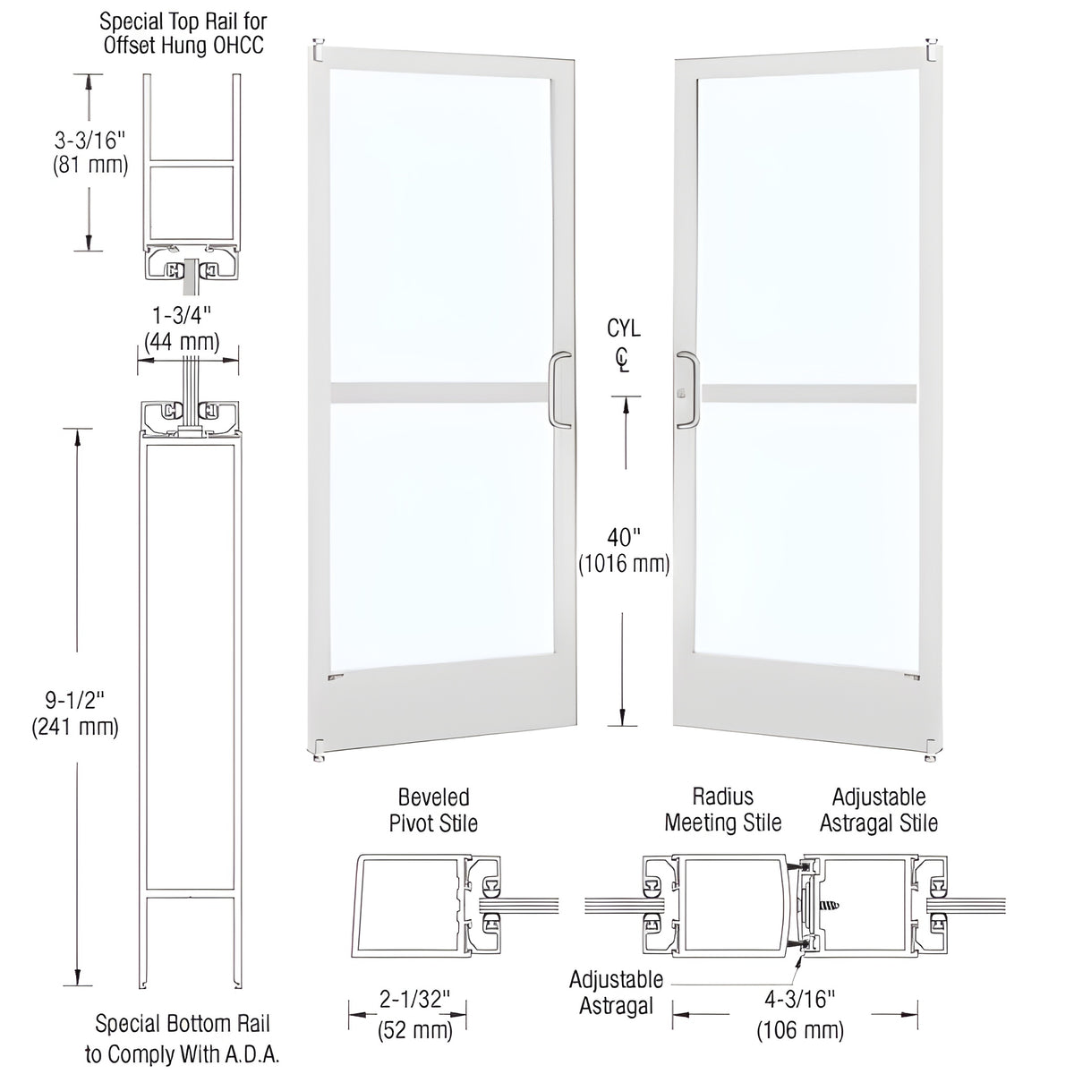 CRL-U.S. Aluminum White KYNAR® Paint Custom Pair Series 250 Narrow Stile Offset Pivot Entrance Doors With Panics for Overhead Concealed Door Closers