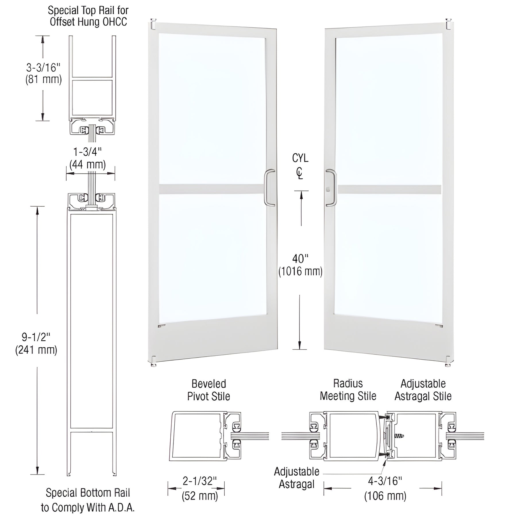 CRL-U.S. Aluminum White KYNAR® Paint Custom Pair Series 250 Narrow Stile Offset Pivot Entrance Doors With Panics for Overhead Concealed Door Closers