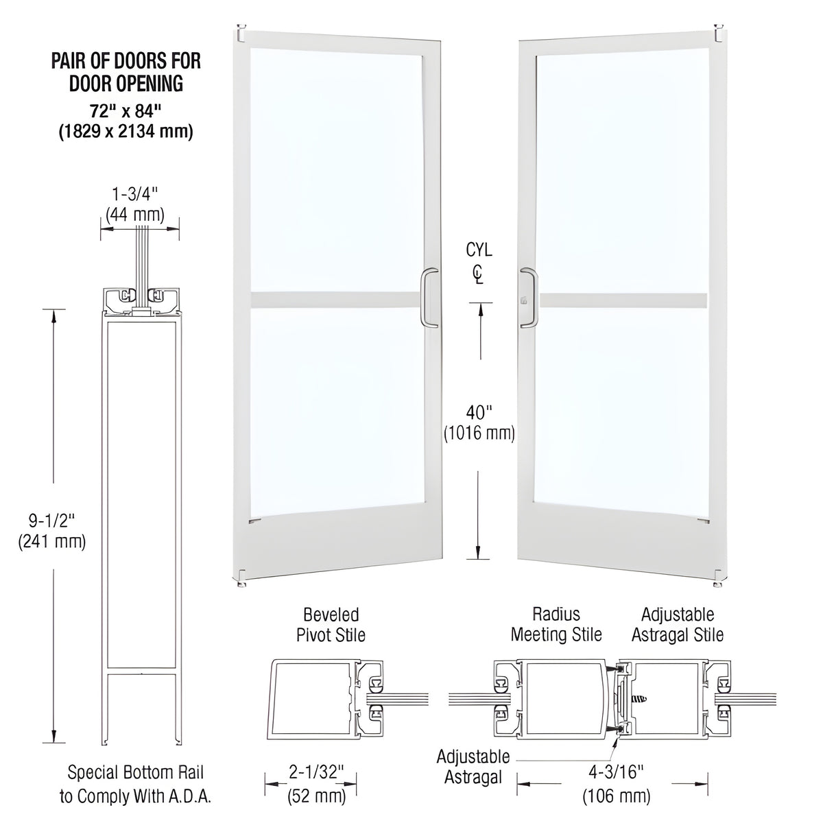 CRL-U.S. Aluminum White KYNAR® Paint Custom Pair Series 250 Narrow Stile Offset Pivot Entrance Doors With Panics for Surface Mount Door Closers